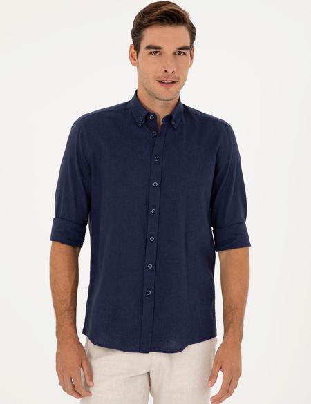 Koyu Lacivert Keten Karışımlı Regular Fit Uzun Kollu Gömlek - 50284168156