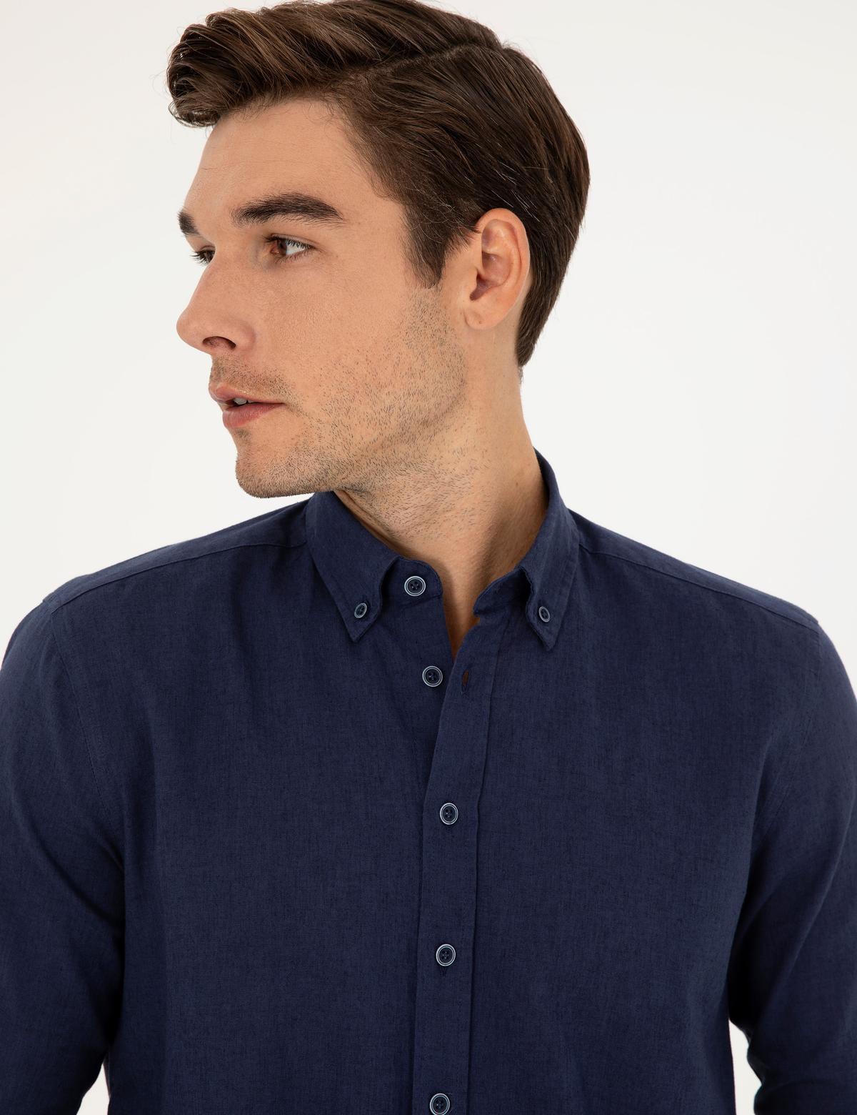 Koyu Lacivert Keten Karışımlı Regular Fit Uzun Kollu Gömlek - 50284168156