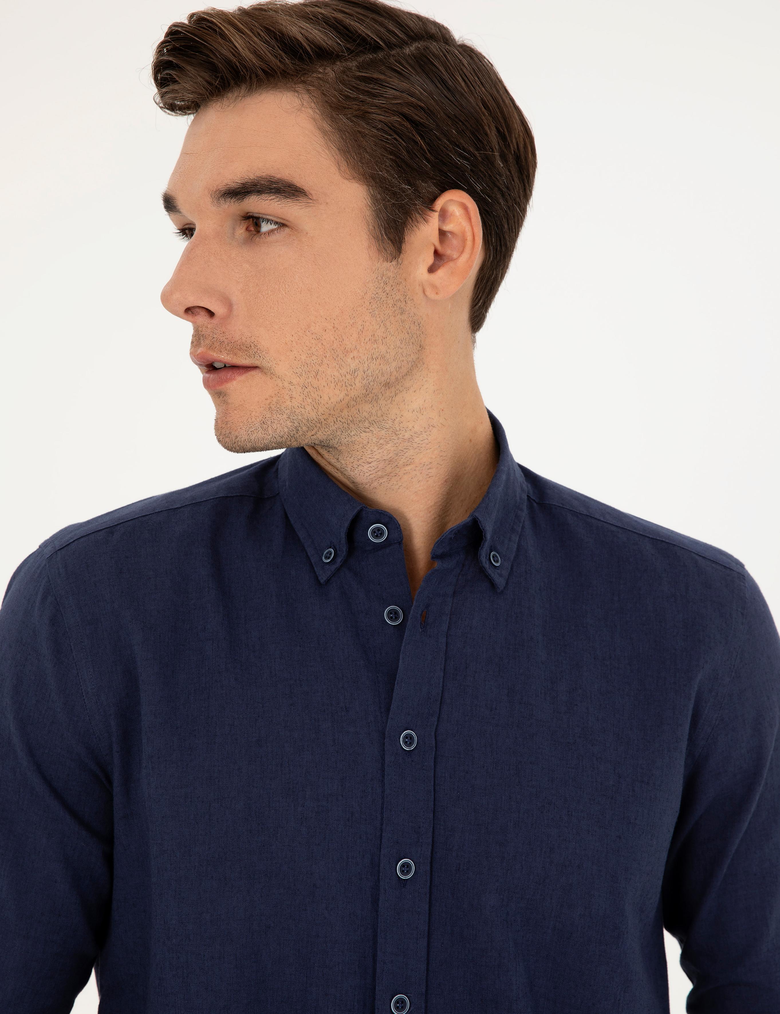 Koyu Lacivert Keten Karışımlı Regular Fit Uzun Kollu Gömlek