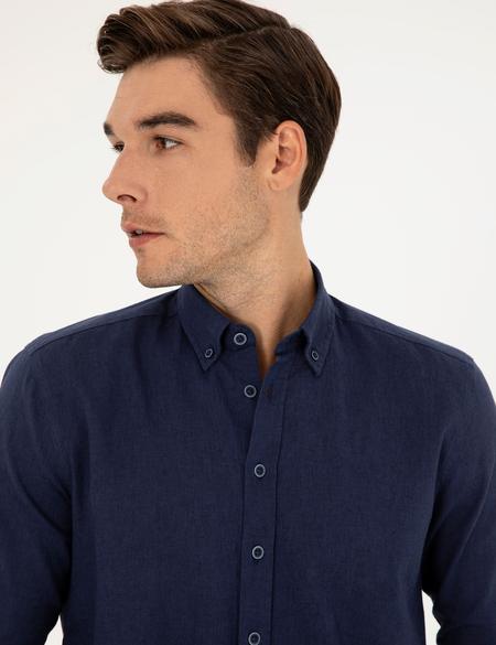 Koyu Lacivert Keten Karışımlı Regular Fit Uzun Kollu Gömlek - 50284168156