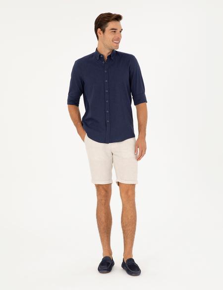 Koyu Lacivert Keten Karışımlı Regular Fit Uzun Kollu Gömlek - 50284168156