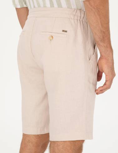 Bej Slim Fit %100 Keten Beli Lastikli Bağcıklı Dokuma Şort