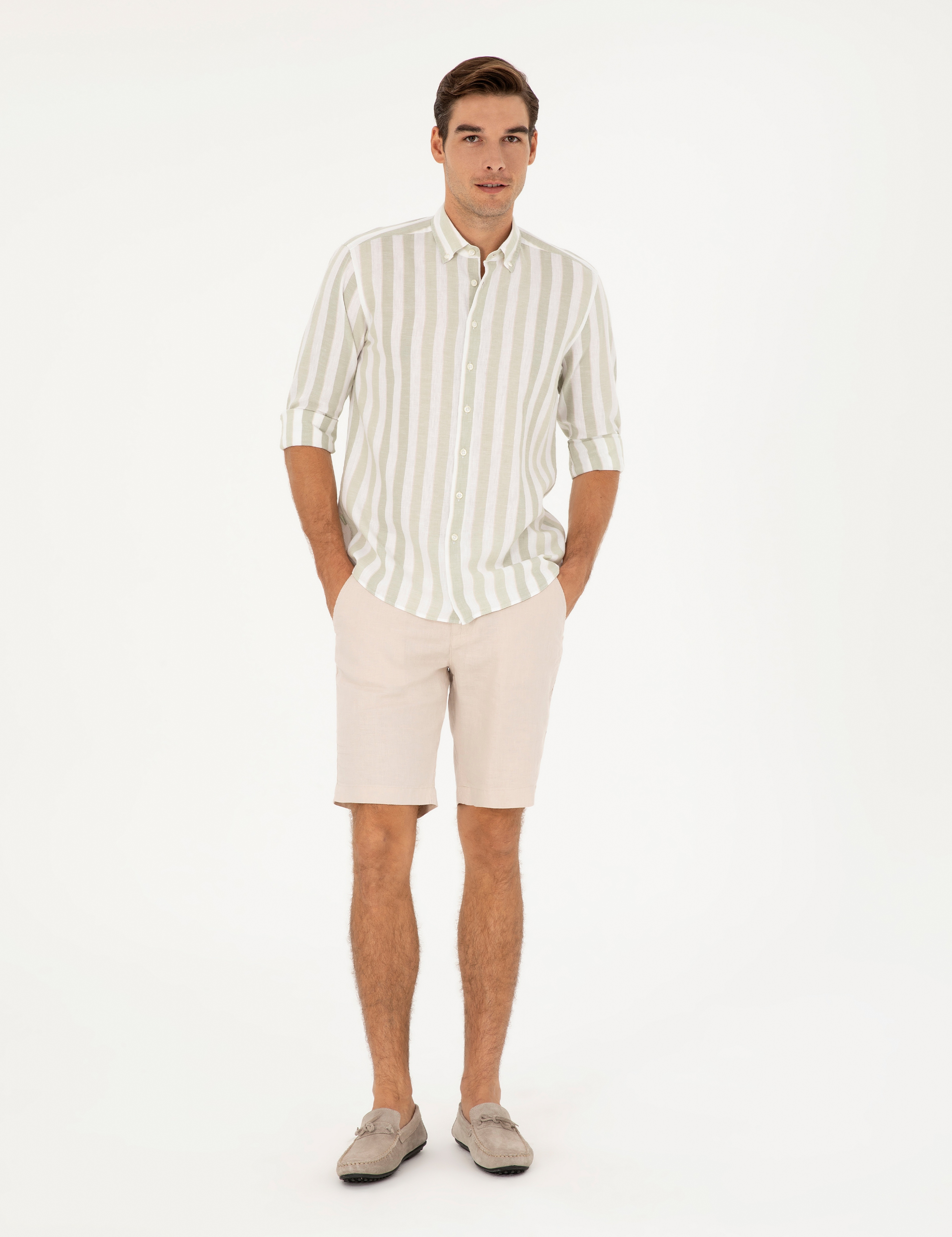 Bej Slim Fit %100 Keten Beli Lastikli Bağcıklı Dokuma Şort - Image 1