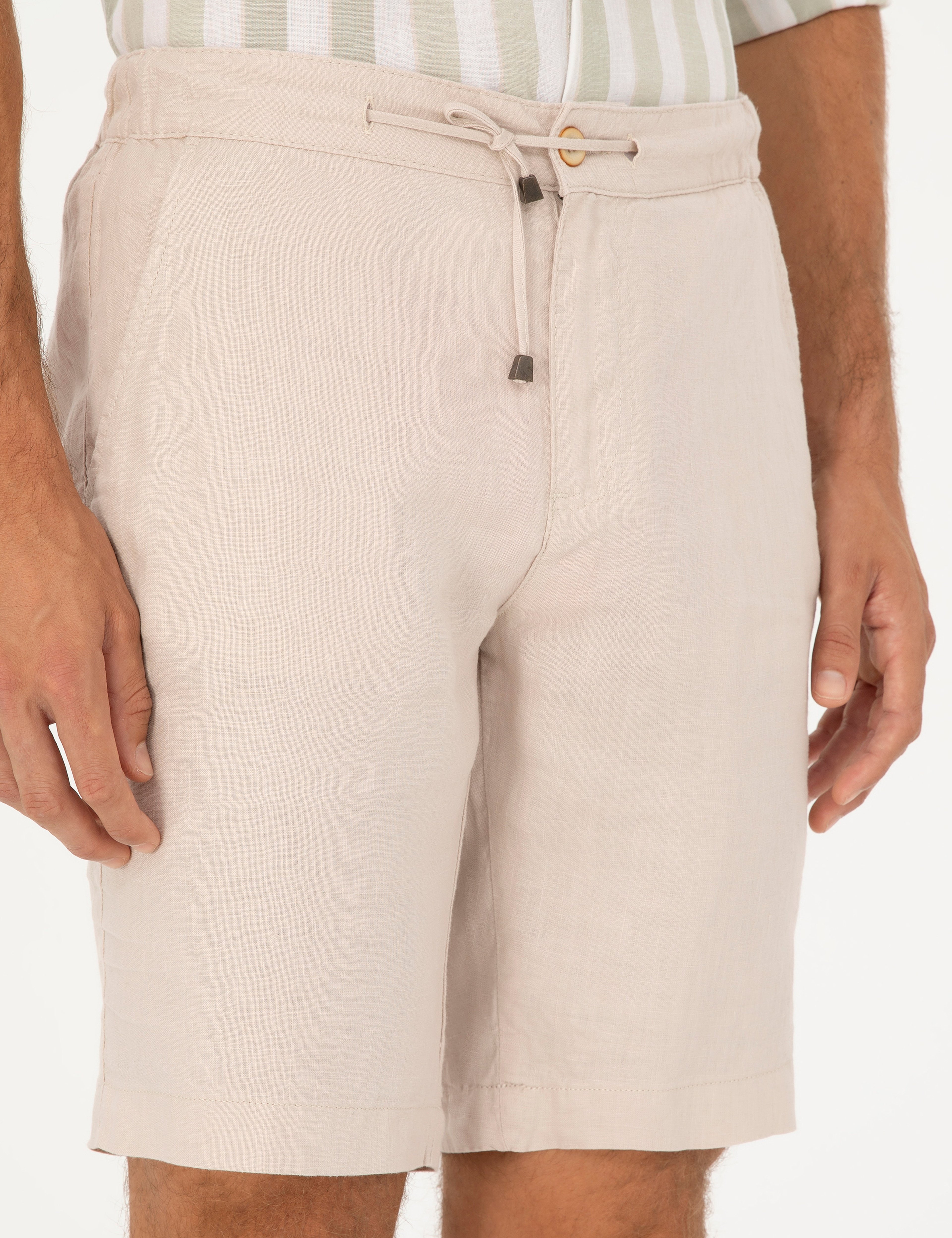 Bej Slim Fit %100 Keten Beli Lastikli Bağcıklı Dokuma Şort