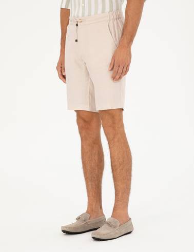 Bej Slim Fit %100 Keten Beli Lastikli Bağcıklı Dokuma Şort