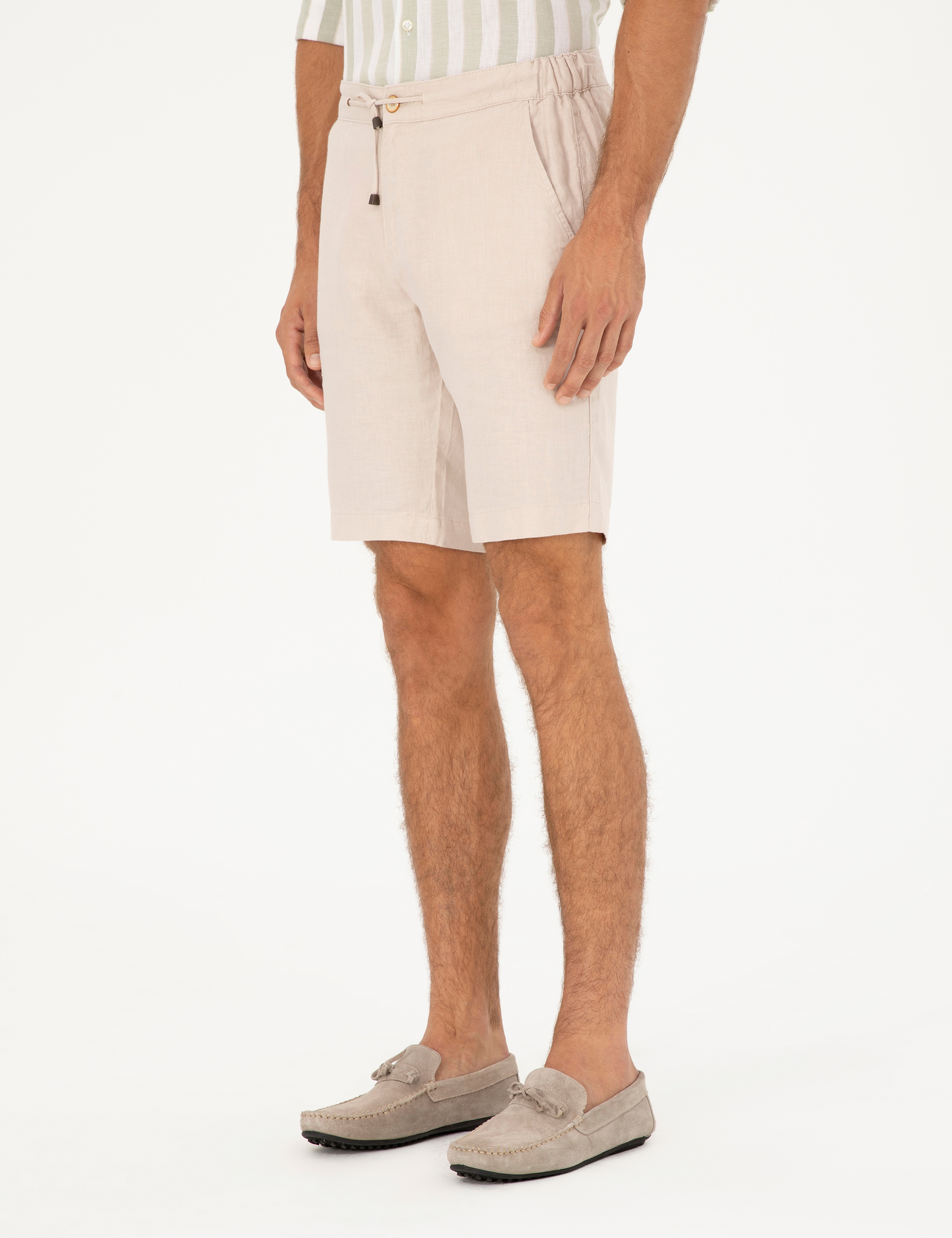 Bej Slim Fit %100 Keten Beli Lastikli Bağcıklı Dokuma Şort - Image 2