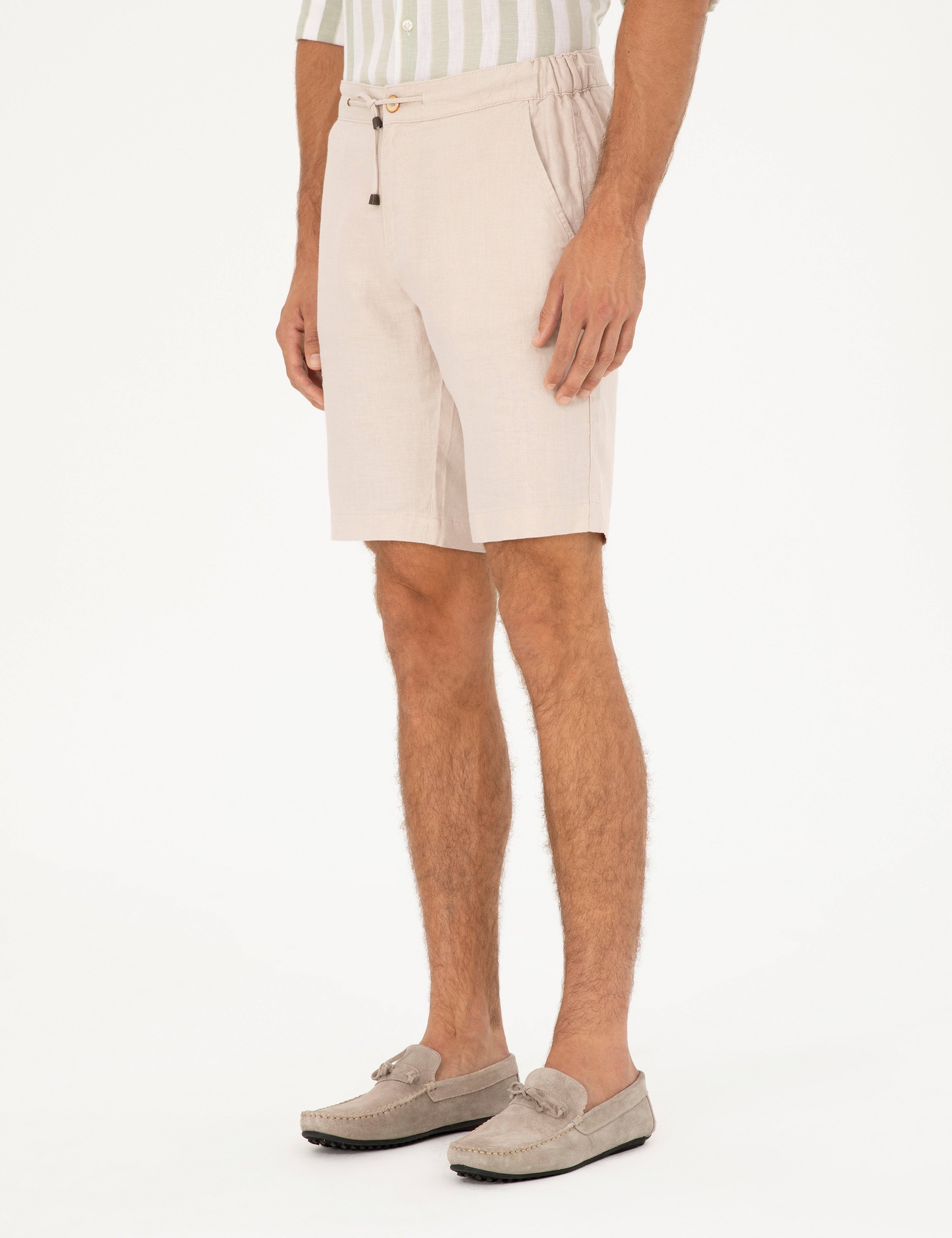 Bej Slim Fit %100 Keten Beli Lastikli Bağcıklı Dokuma Şort