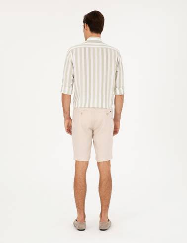 Bej Slim Fit %100 Keten Beli Lastikli Bağcıklı Dokuma Şort