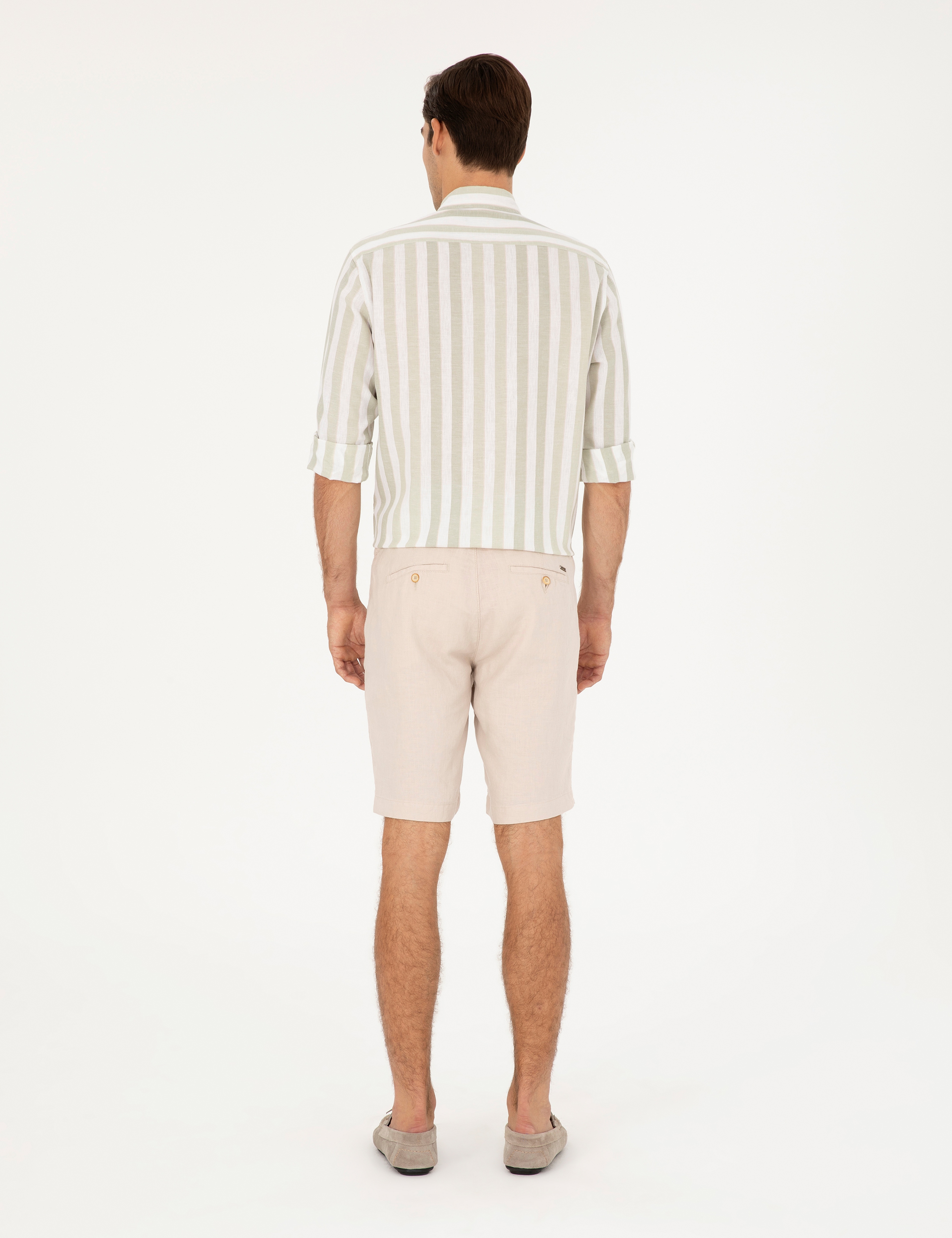Bej Slim Fit %100 Keten Beli Lastikli Bağcıklı Dokuma Şort - Image 4