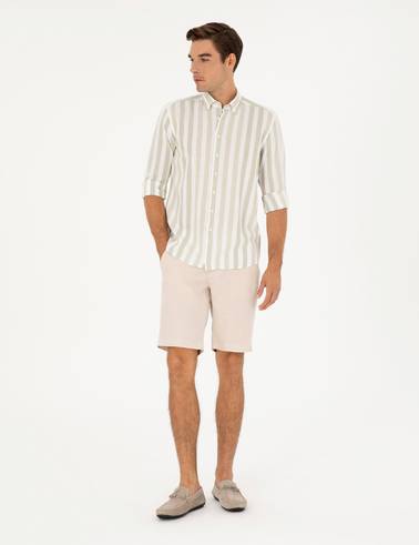 Bej Slim Fit %100 Keten Beli Lastikli Bağcıklı Dokuma Şort
