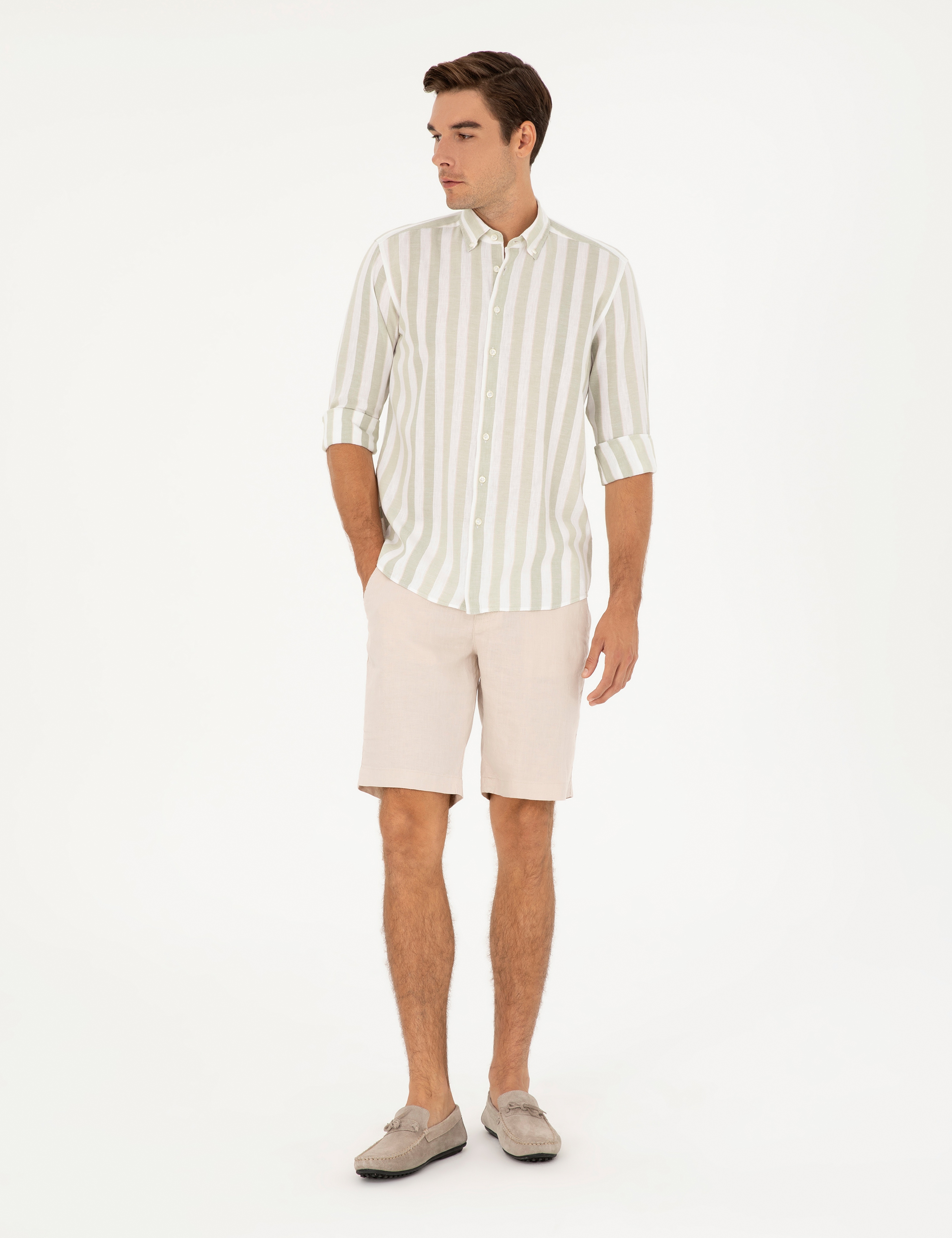 Bej Slim Fit %100 Keten Beli Lastikli Bağcıklı Dokuma Şort - Image 3