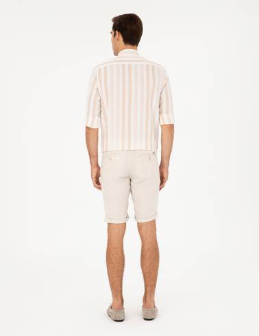 Bej Slim Fit Keten Karışımlı Dokuma Şort
