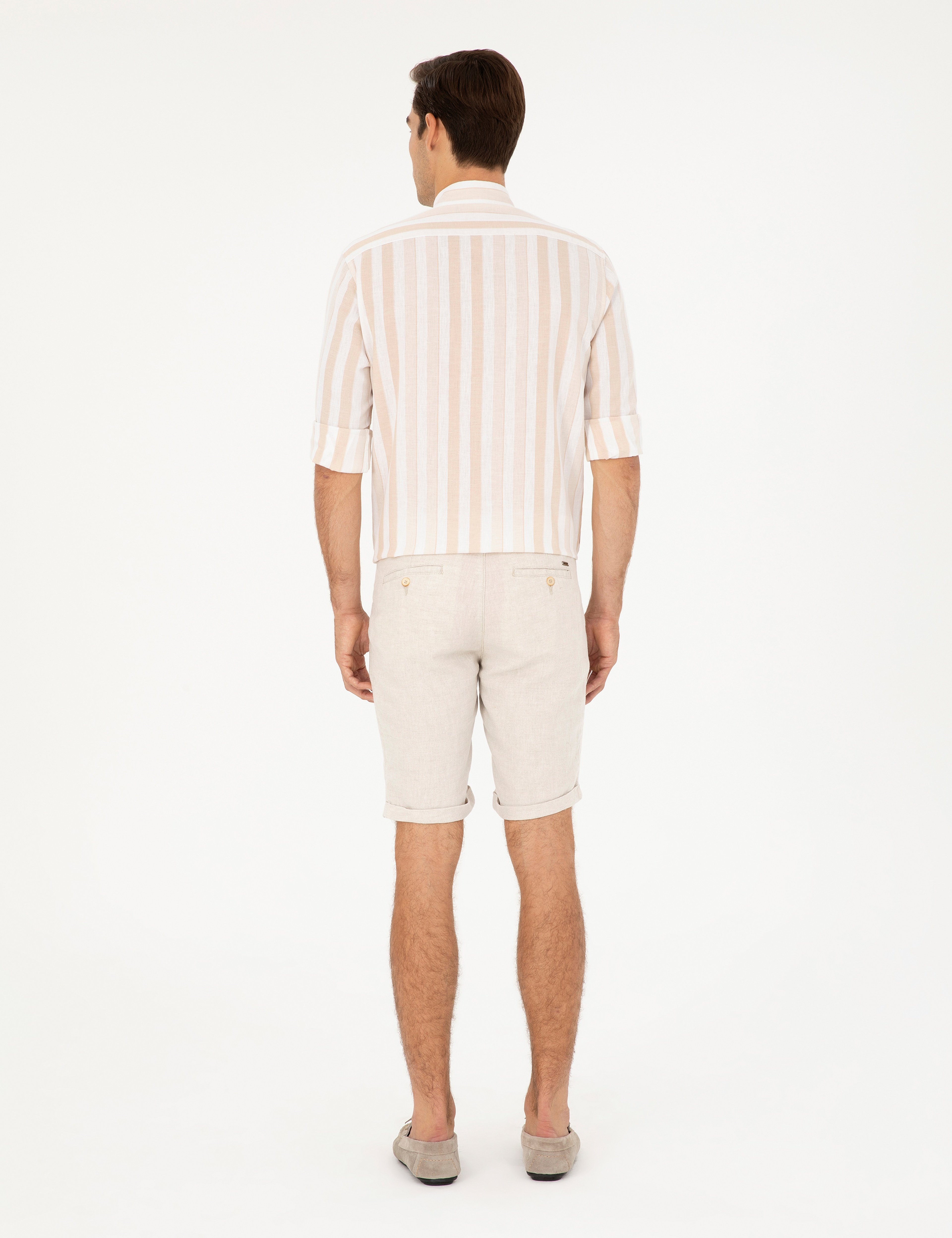 Bej Slim Fit Keten Karışımlı Dokuma Şort