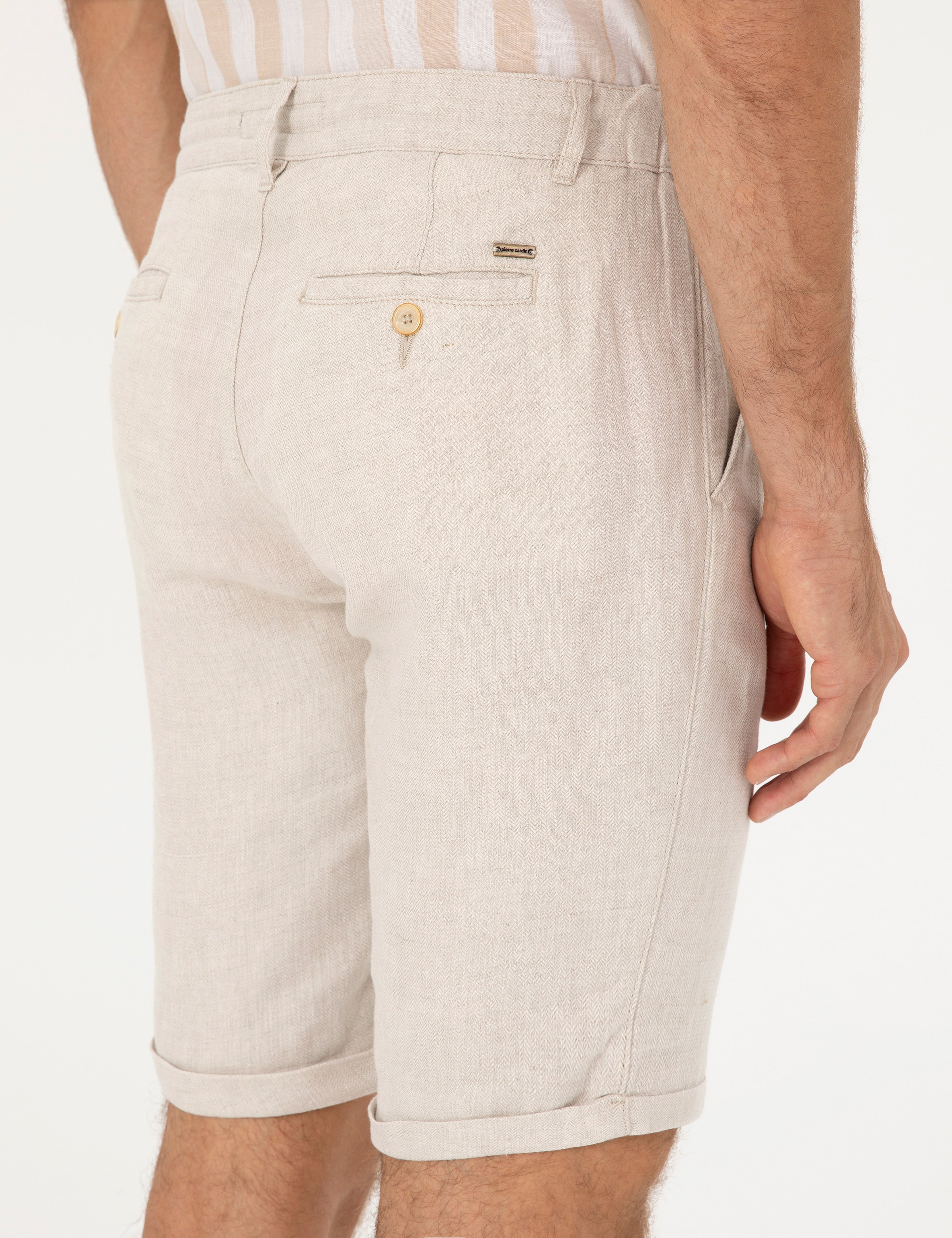 Bej Slim Fit Keten Karışımlı Dokuma Şort