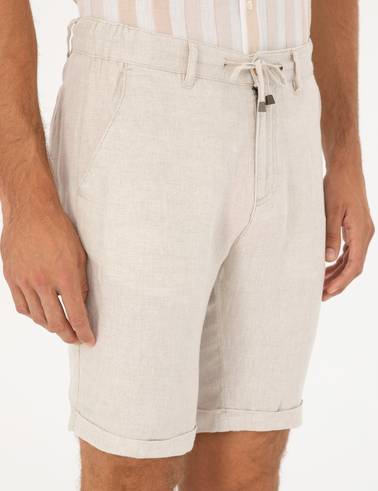 Bej Slim Fit Keten Karışımlı Dokuma Şort