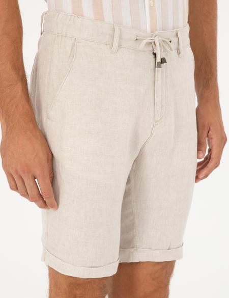 Bej Slim Fit Keten Karışımlı Dokuma Şort - 50288507002