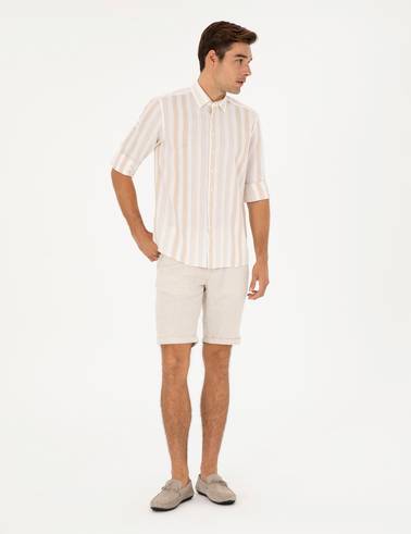 Bej Slim Fit Keten Karışımlı Dokuma Şort