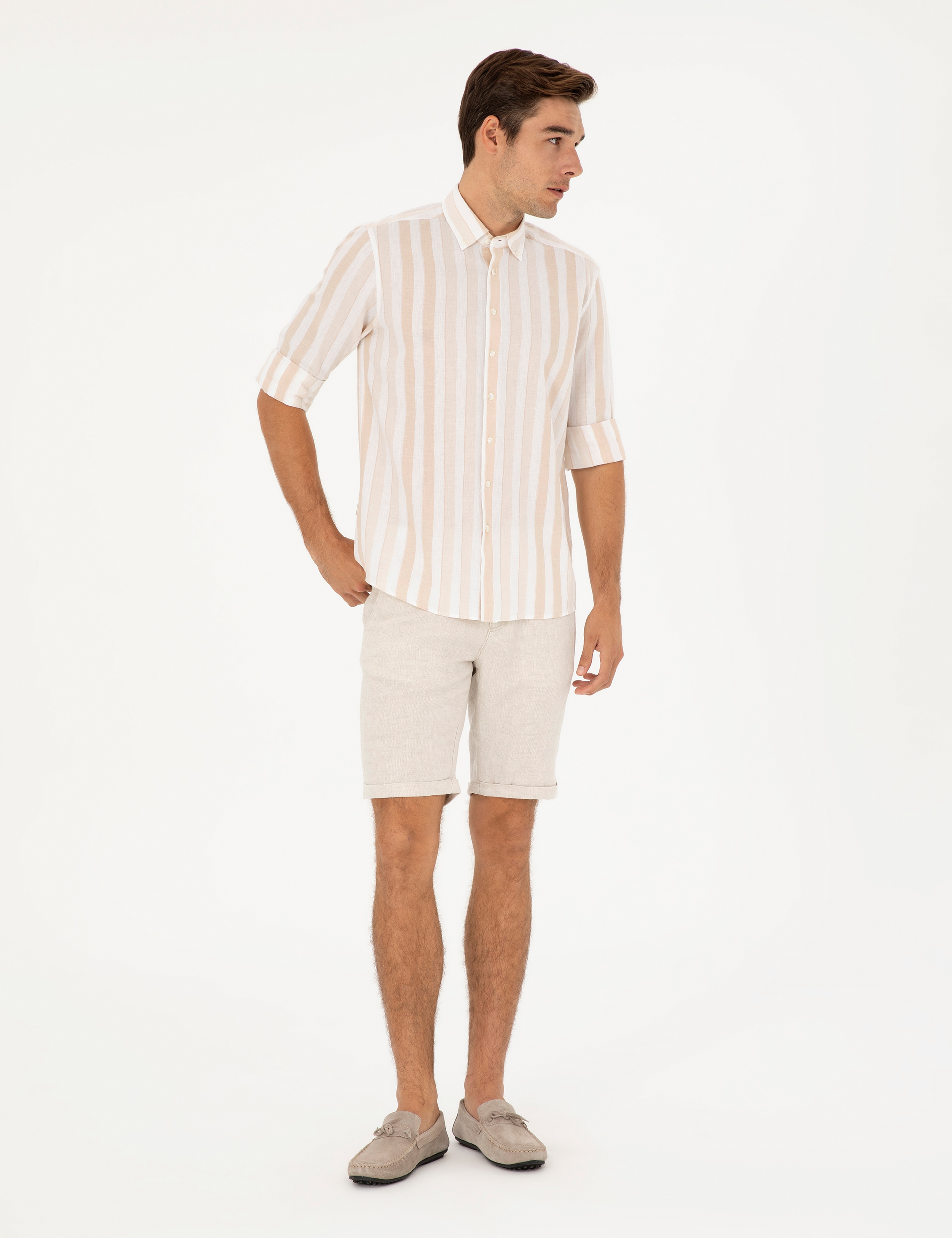Bej Slim Fit Keten Karışımlı Dokuma Şort - Image 1
