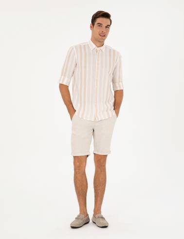 Bej Slim Fit Keten Karışımlı Dokuma Şort