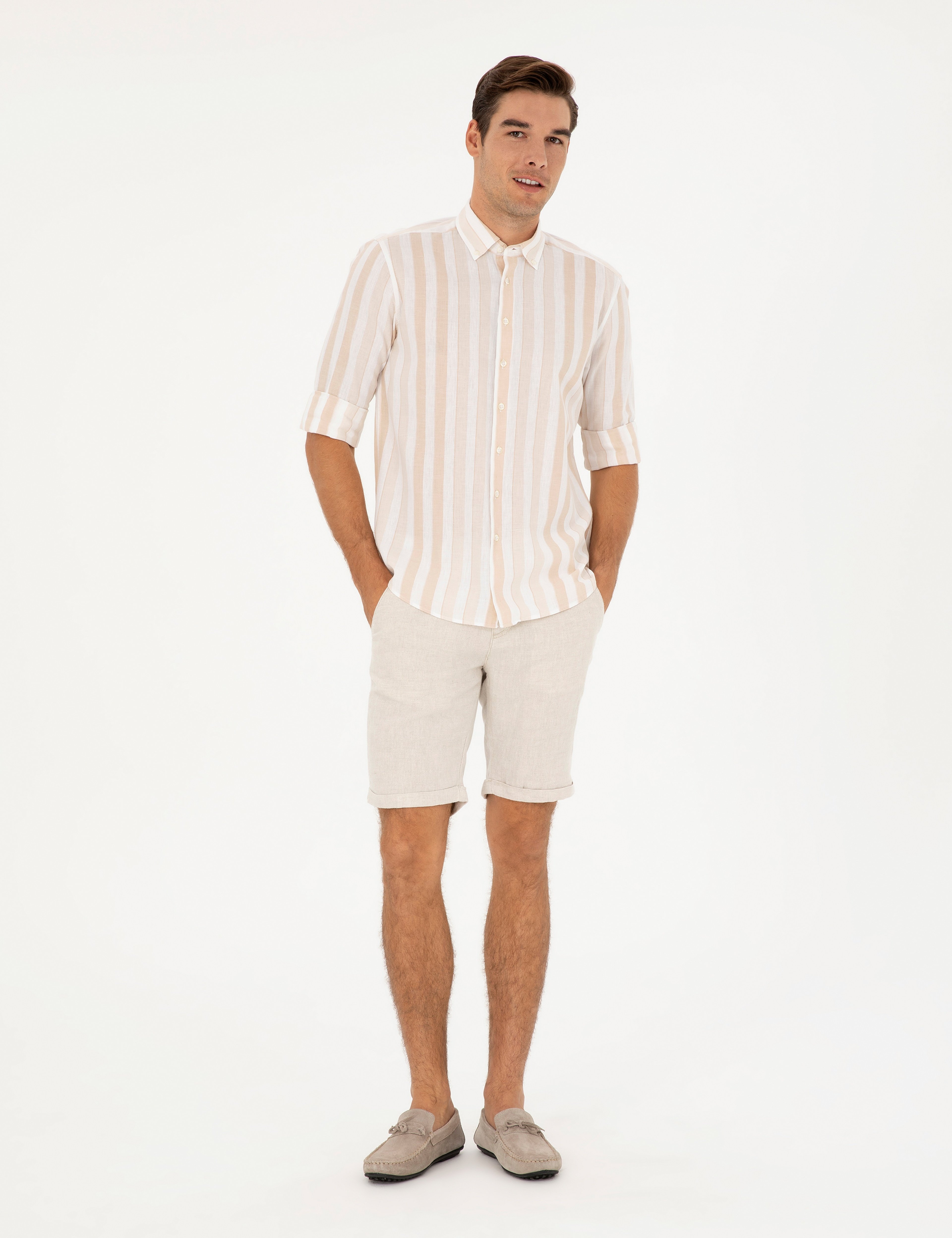 Bej Slim Fit Keten Karışımlı Dokuma Şort