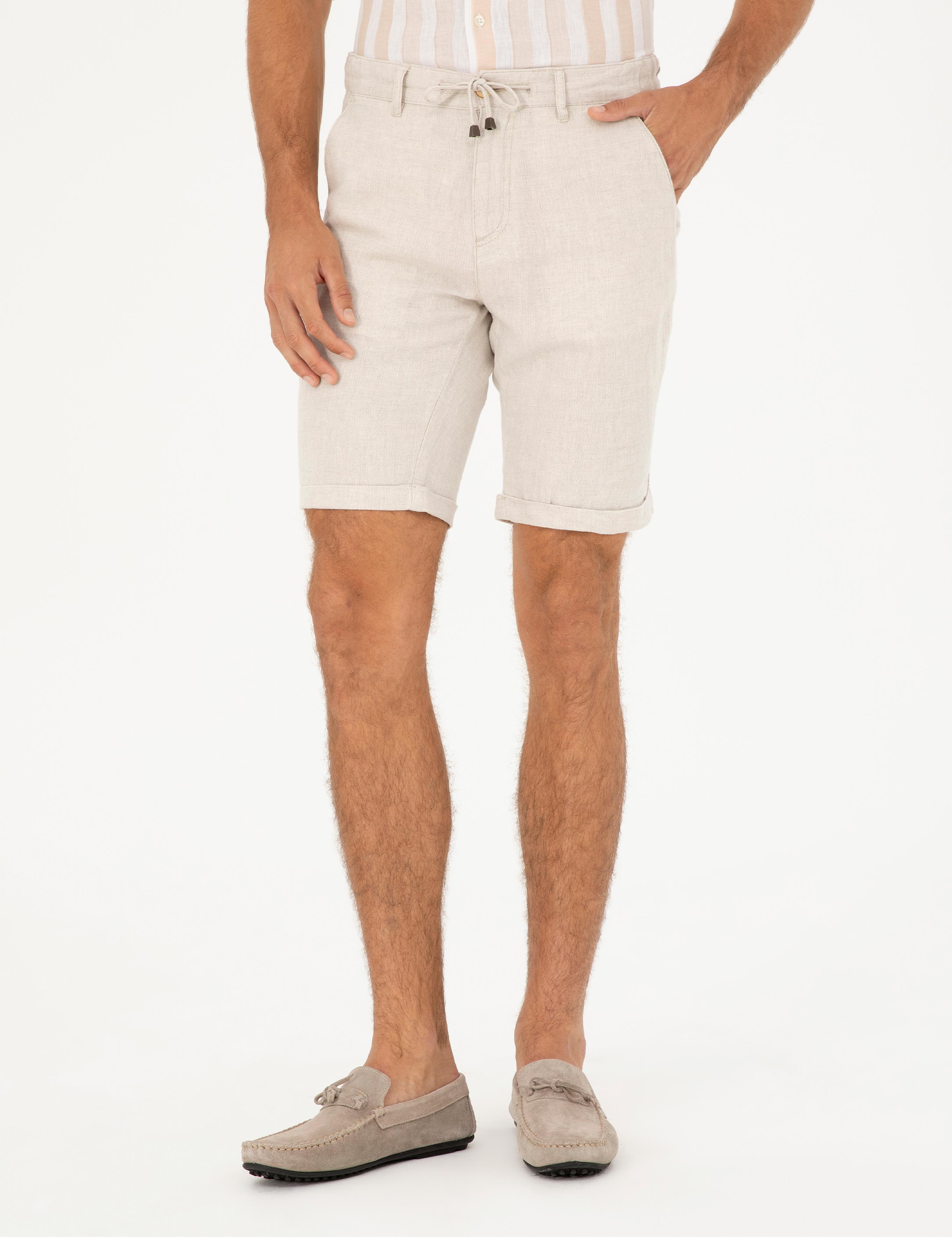 Bej Slim Fit Keten Karışımlı Dokuma Şort