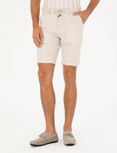 Bej Slim Fit Keten Karışımlı Dokuma Şort