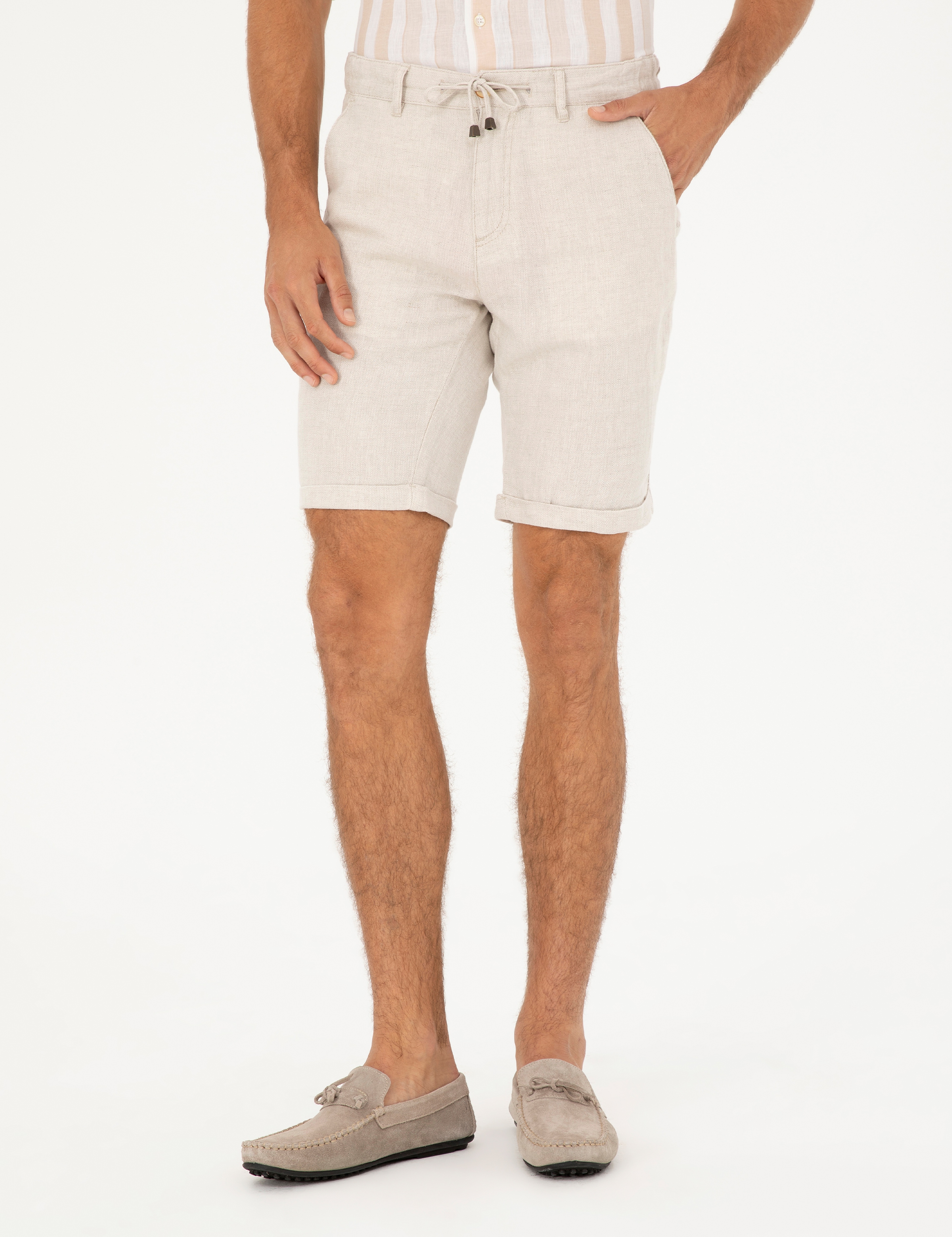 Bej Slim Fit Keten Karışımlı Dokuma Şort - Image 2