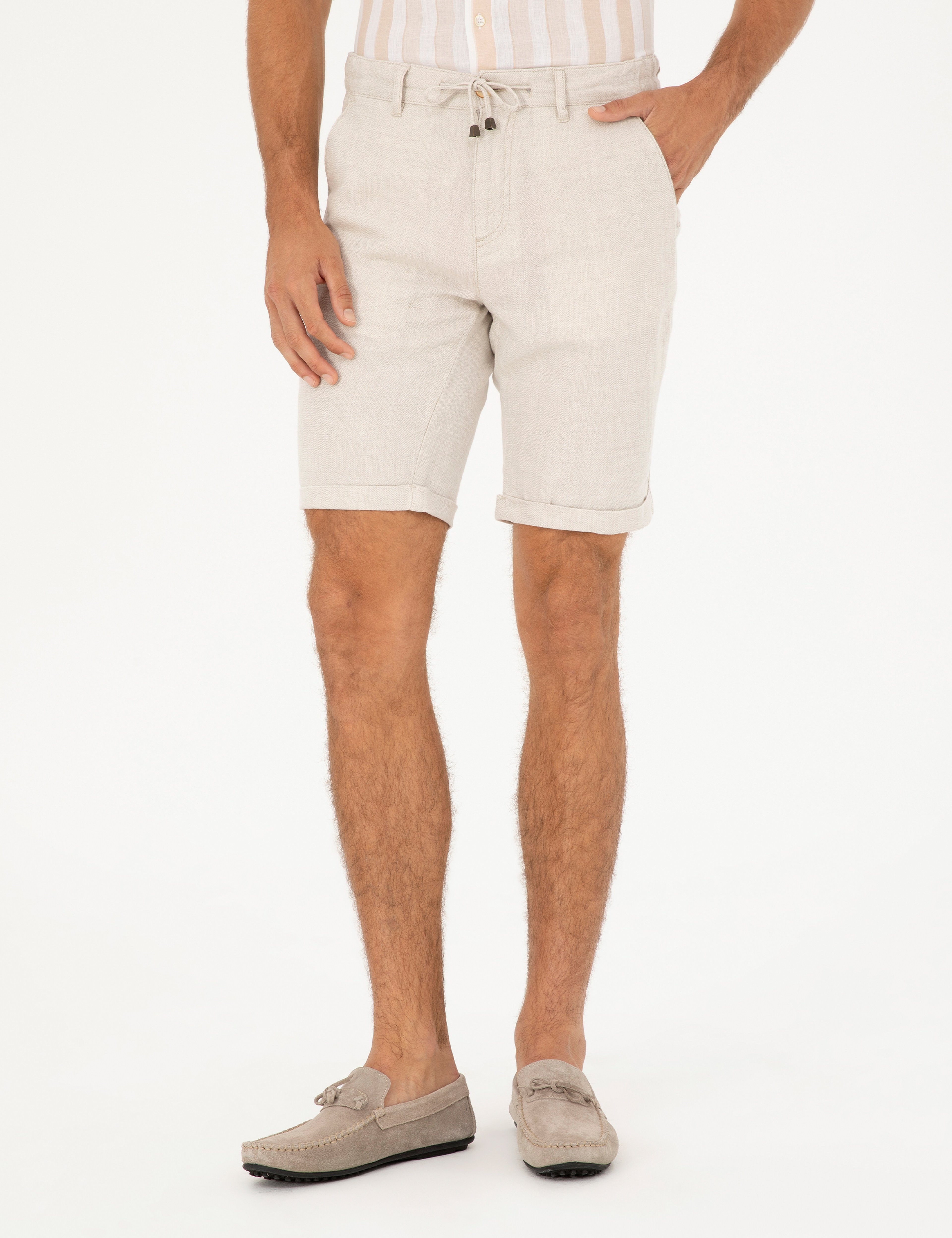 Bej Slim Fit Keten Karışımlı Dokuma Şort