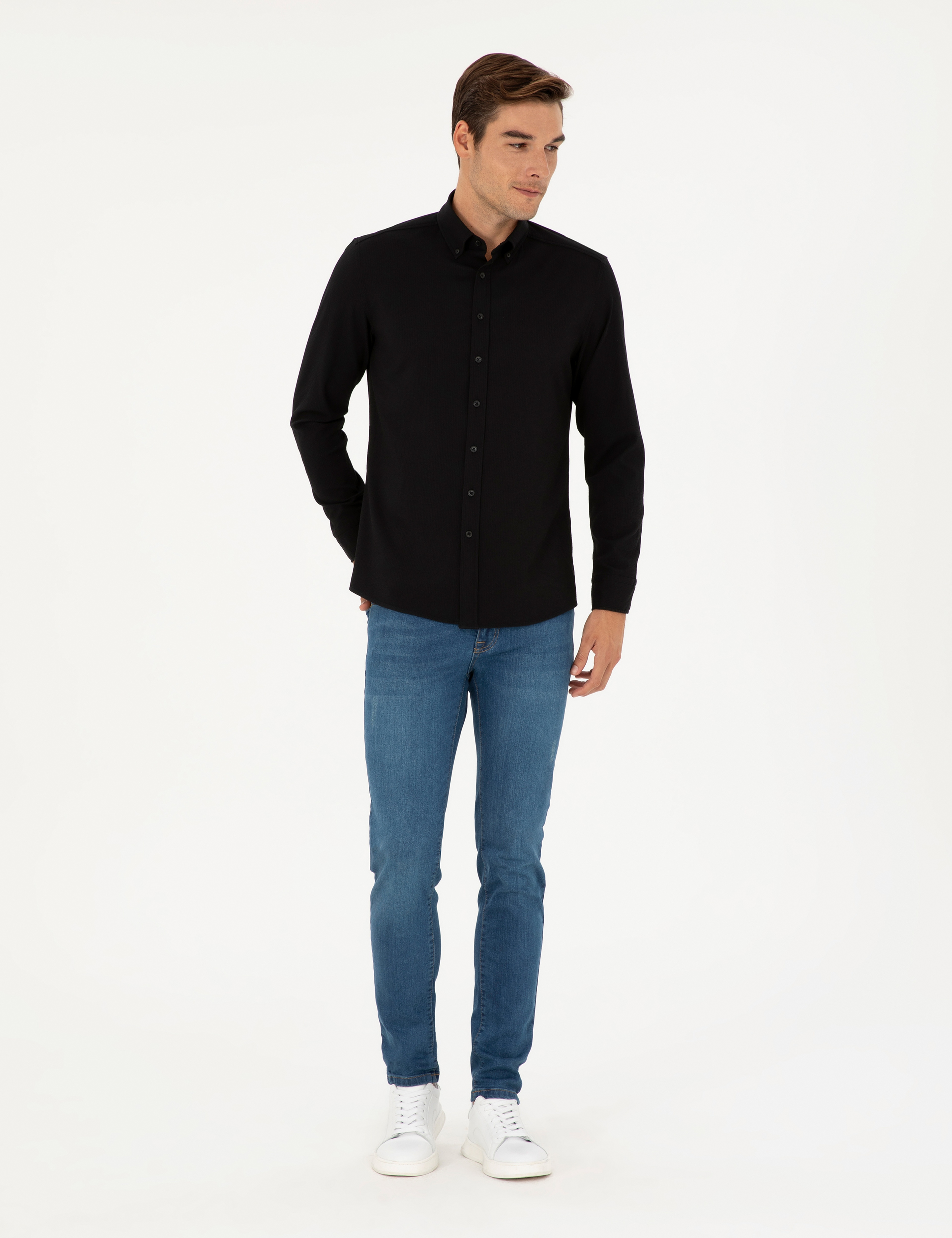 Siyah Slim Fit Uzun Kollu Gömlek - Image 4