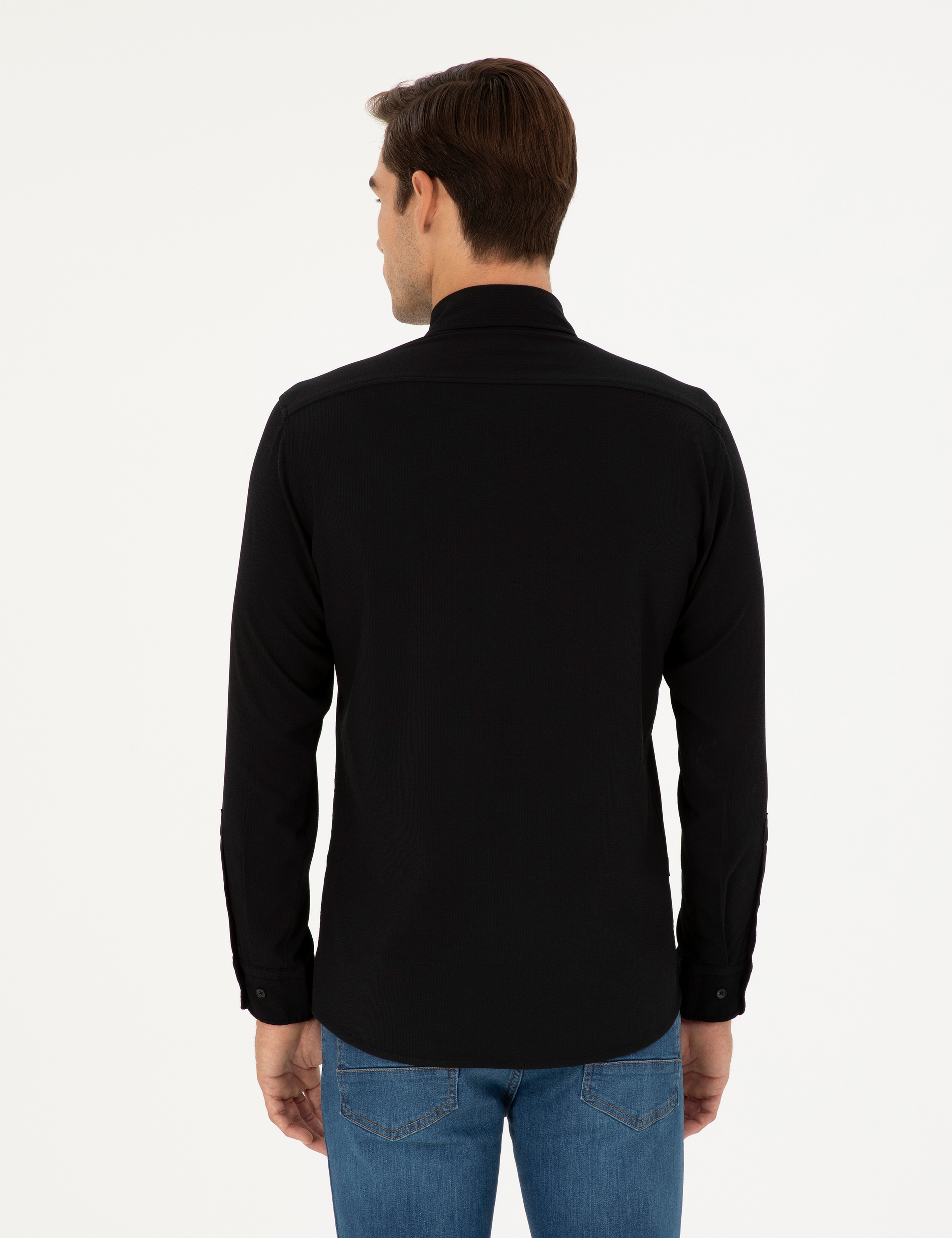 Siyah Slim Fit Uzun Kollu Gömlek - Image 5