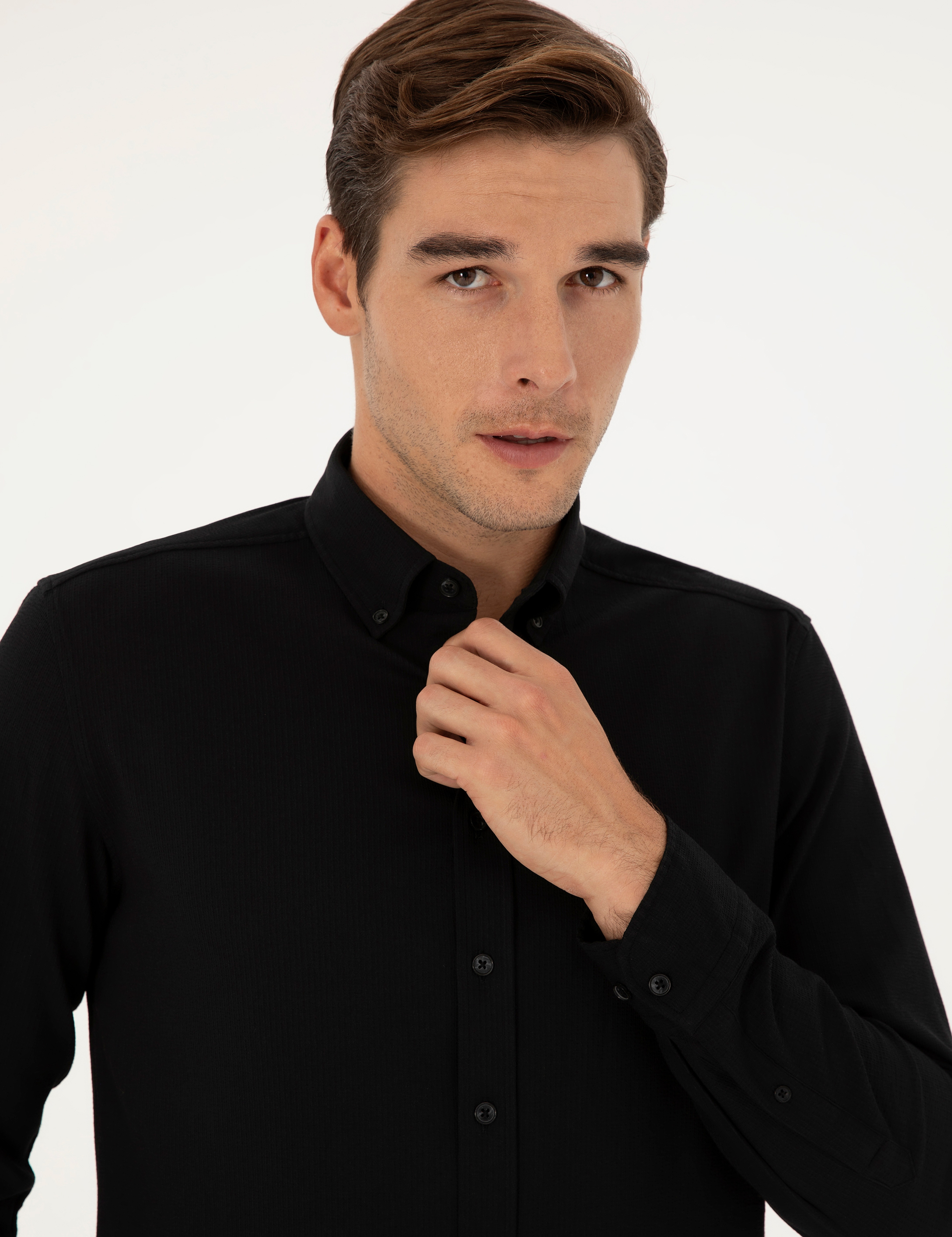 Siyah Slim Fit Uzun Kollu Gömlek - Image 2