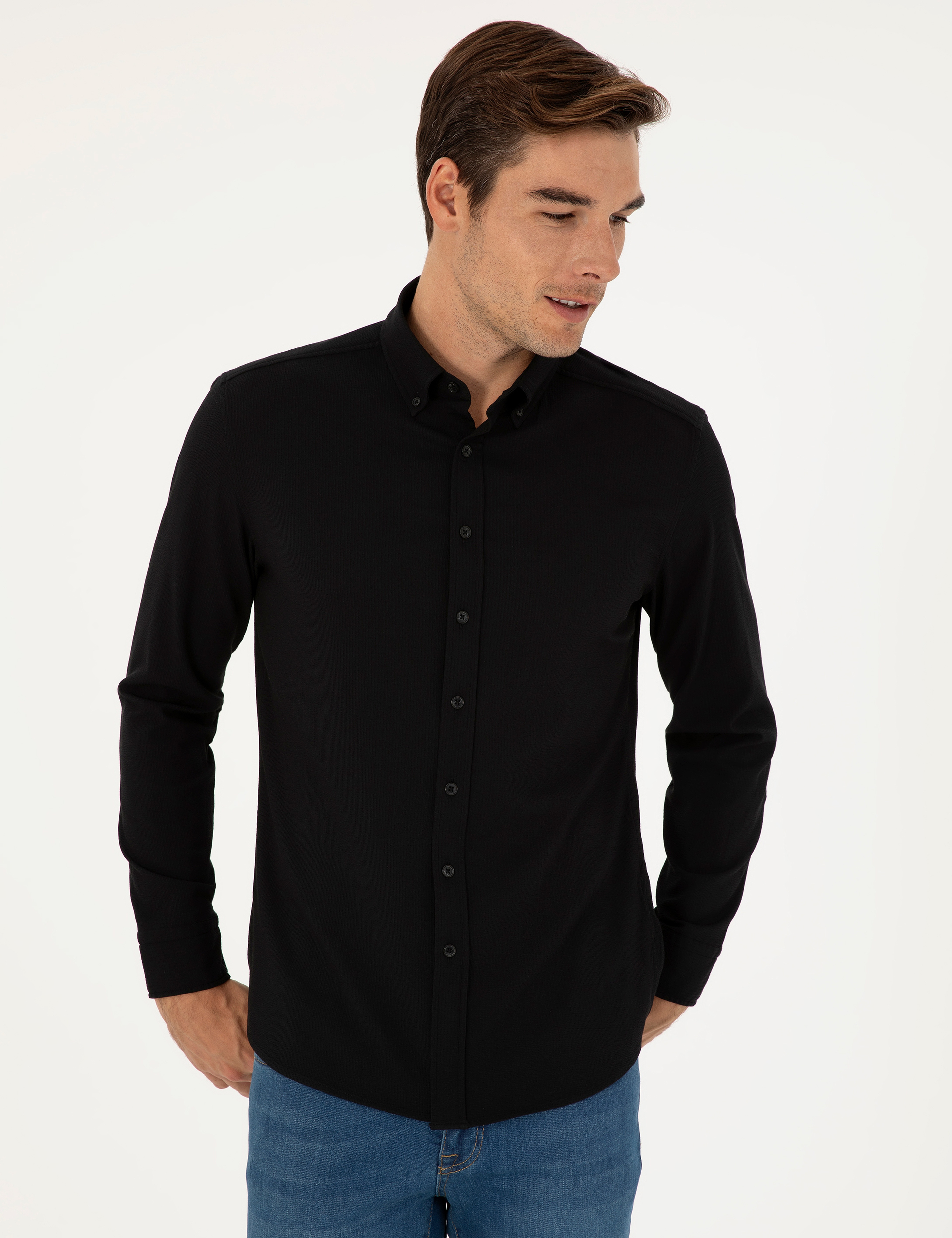Siyah Slim Fit Uzun Kollu Gömlek - Image 3