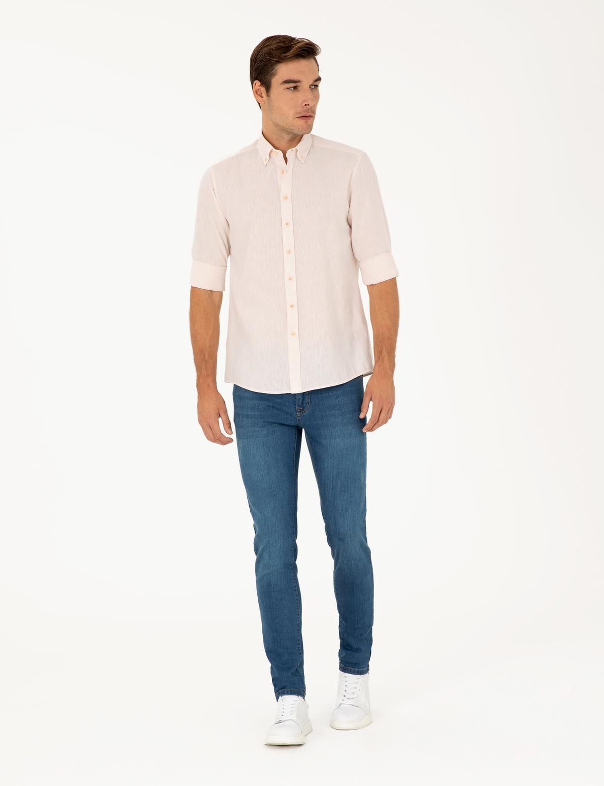 Pudra Keten Karışımlı Regular Fit Uzun Kollu Gömlek - 50284168041