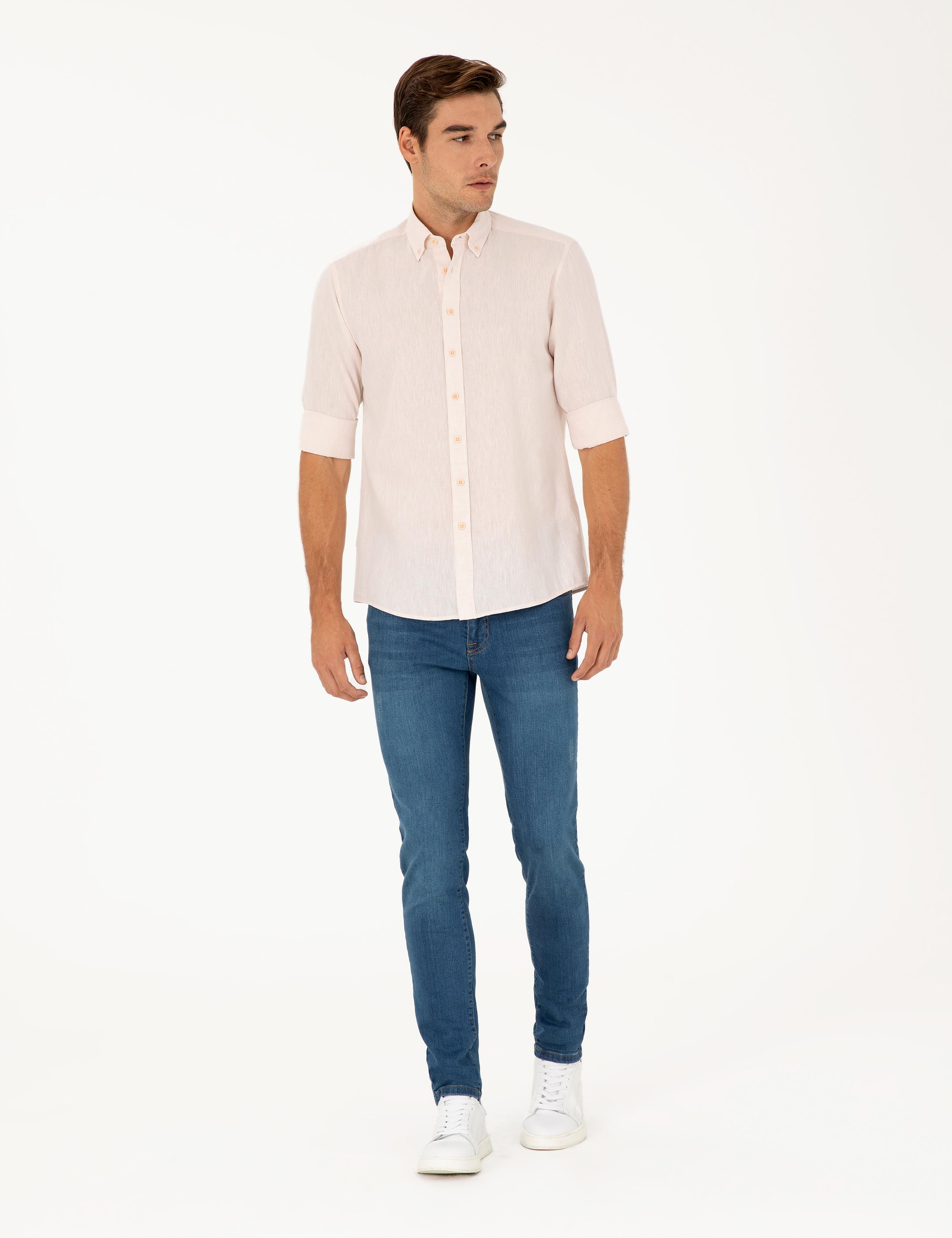 Pudra Keten Karışımlı Regular Fit Uzun Kollu Gömlek