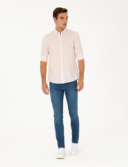 Pudra Keten Karışımlı Regular Fit Uzun Kollu Gömlek - 50284168041