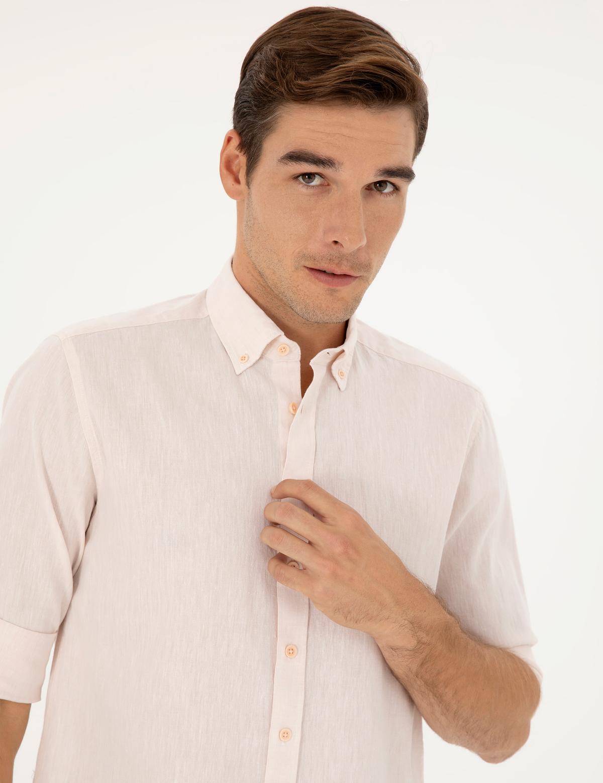 Pudra Keten Karışımlı Regular Fit Uzun Kollu Gömlek - 50284168041