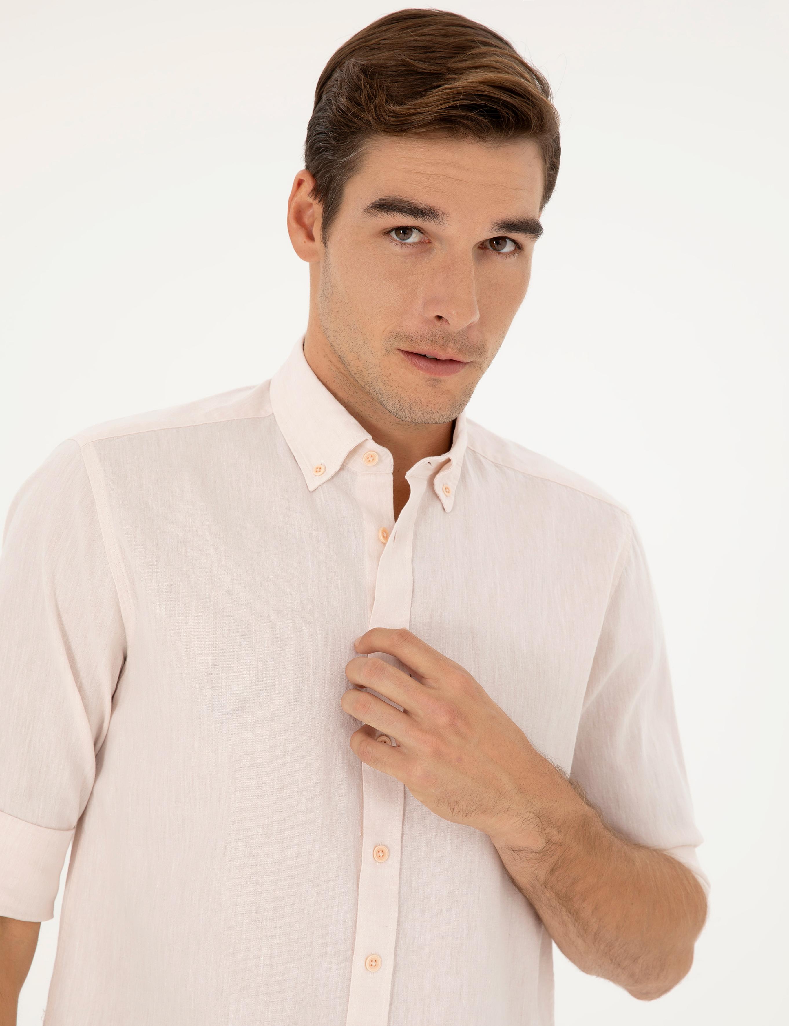 Pudra Keten Karışımlı Regular Fit Uzun Kollu Gömlek