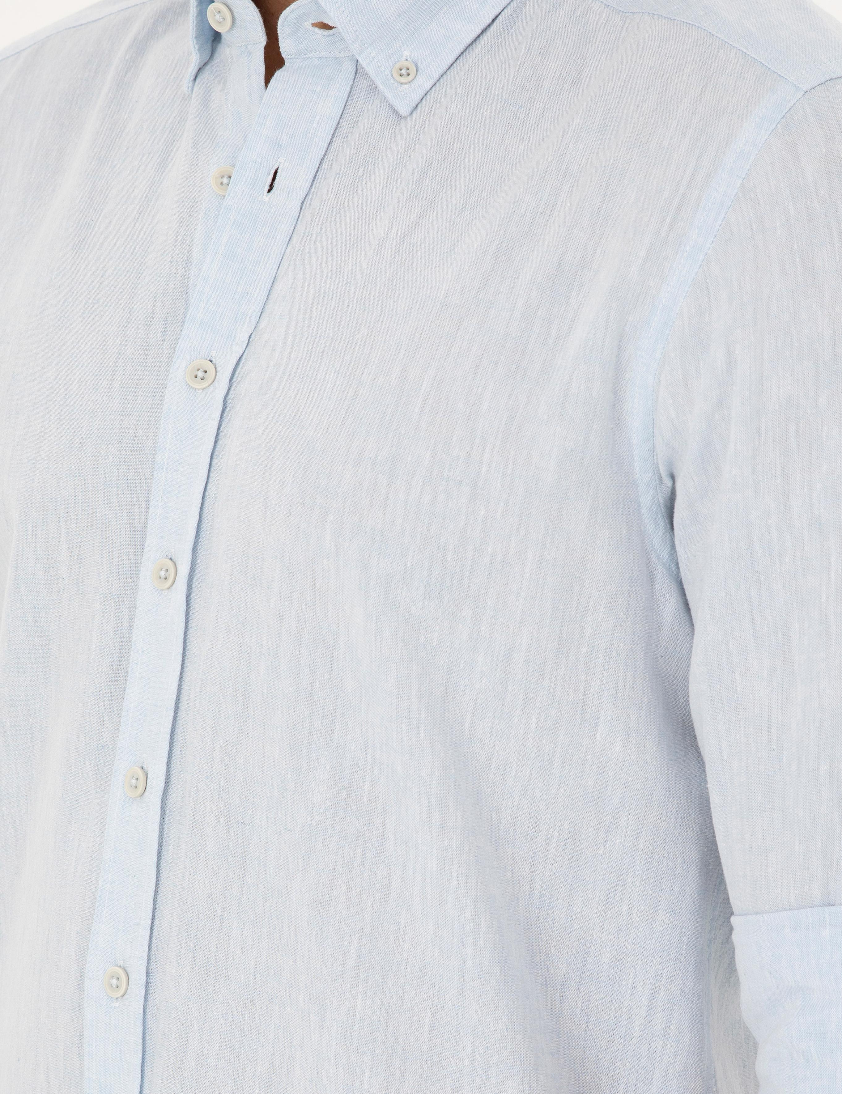 Açık Mavi Keten Karışımlı Regular Fit Uzun Kollu Gömlek