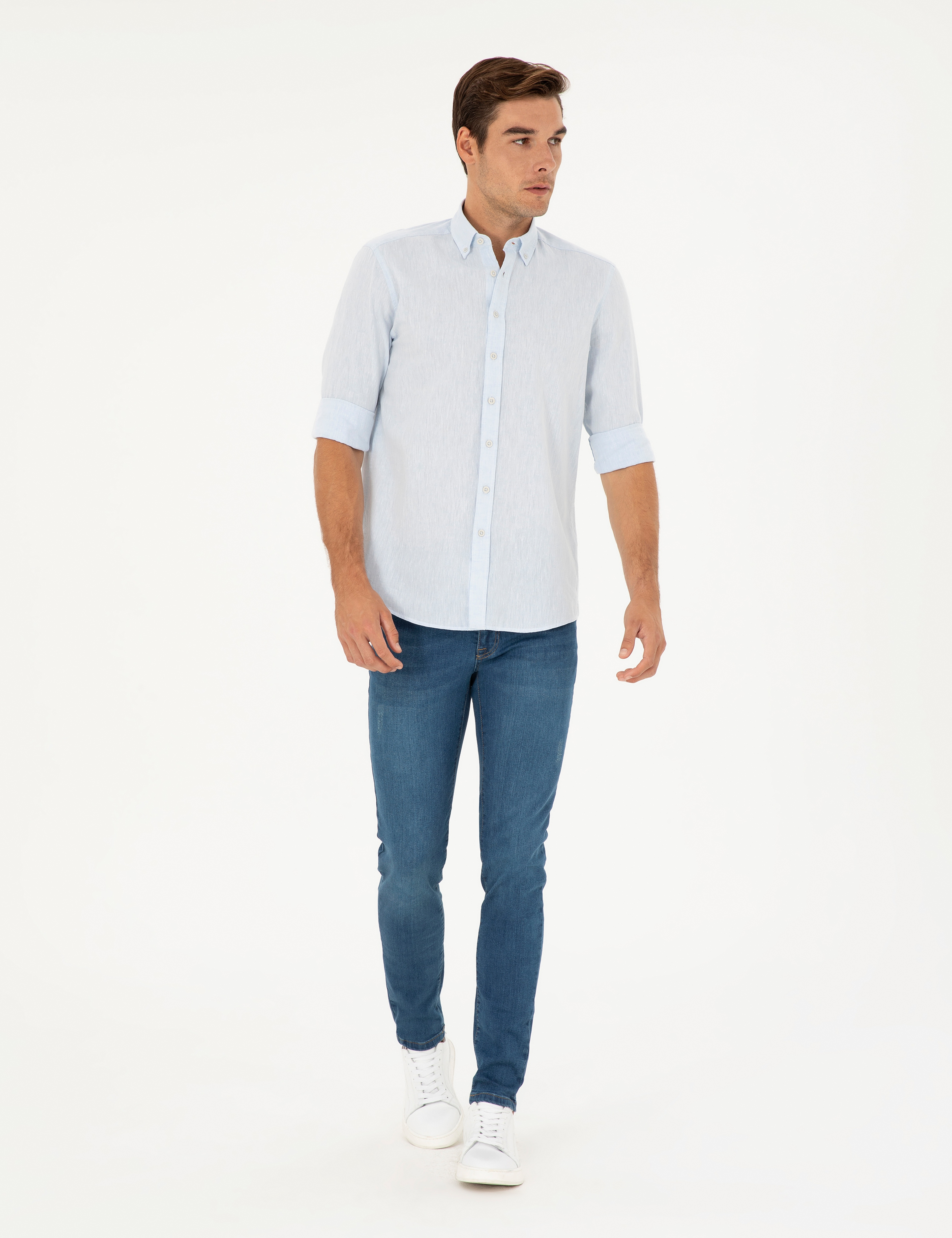Açık Mavi Keten Karışımlı Regular Fit Uzun Kollu Gömlek - Image 4