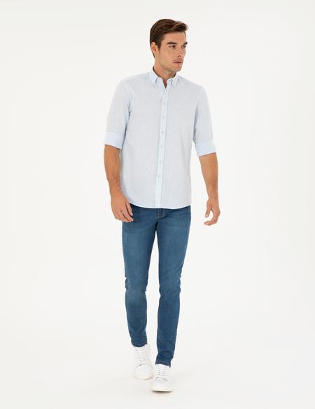Açık Mavi Keten Karışımlı Regular Fit Uzun Kollu Gömlek - 50284168095