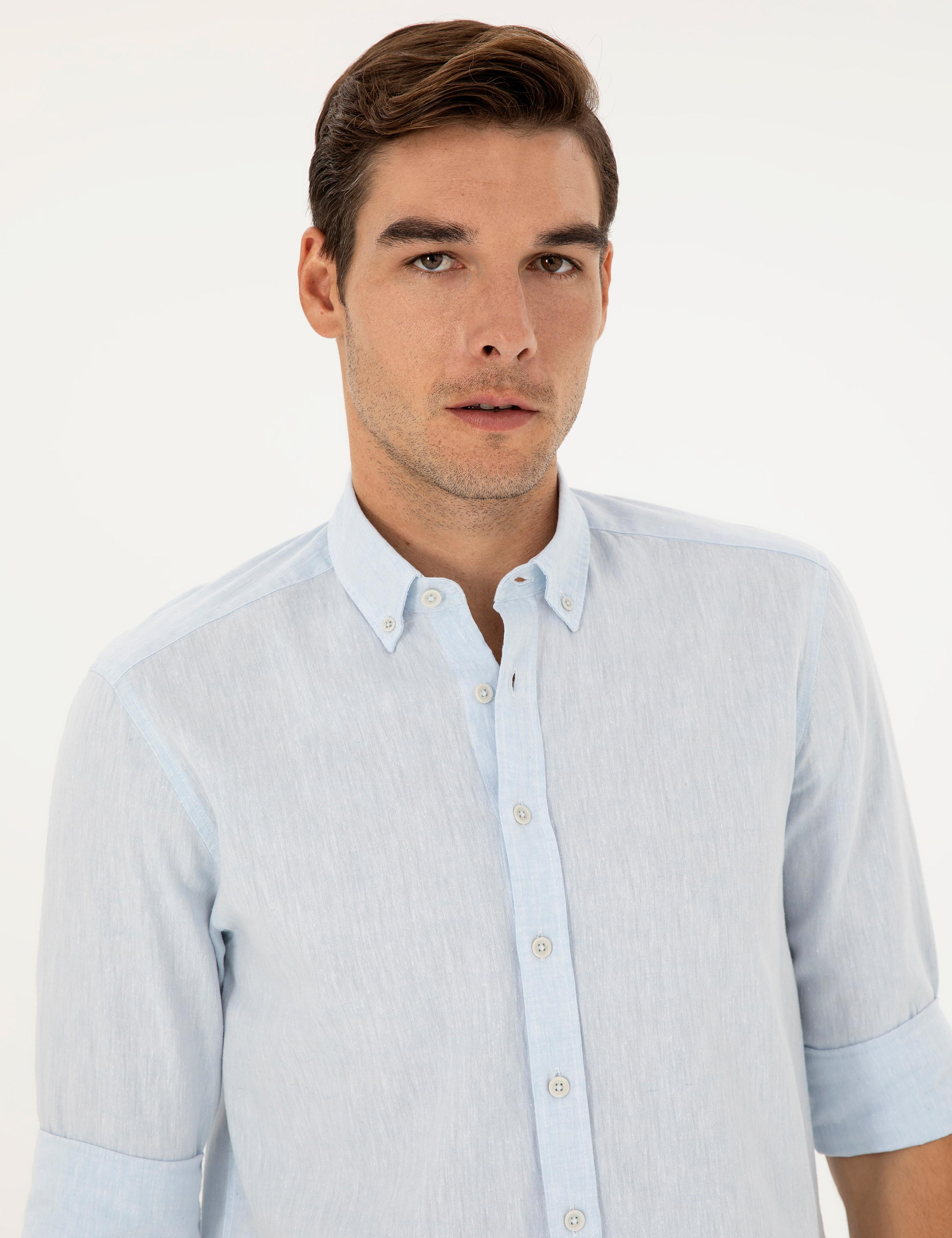 Açık Mavi Keten Karışımlı Regular Fit Uzun Kollu Gömlek