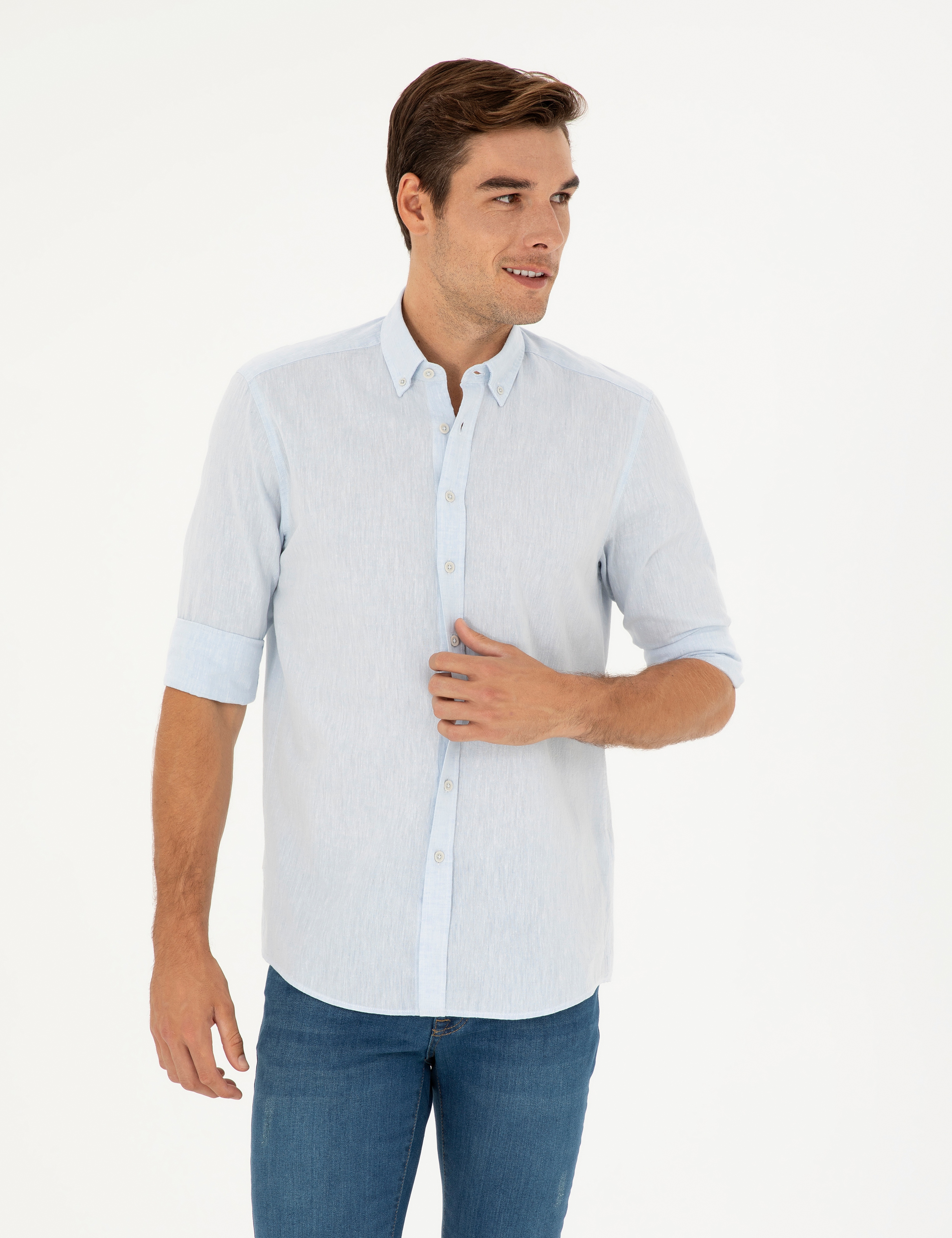 Açık Mavi Keten Karışımlı Regular Fit Uzun Kollu Gömlek - Image 1