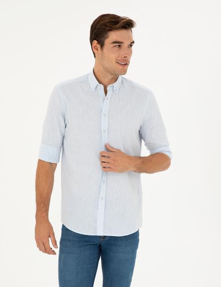 Açık Mavi Keten Karışımlı Regular Fit Uzun Kollu Gömlek - 50284168095
