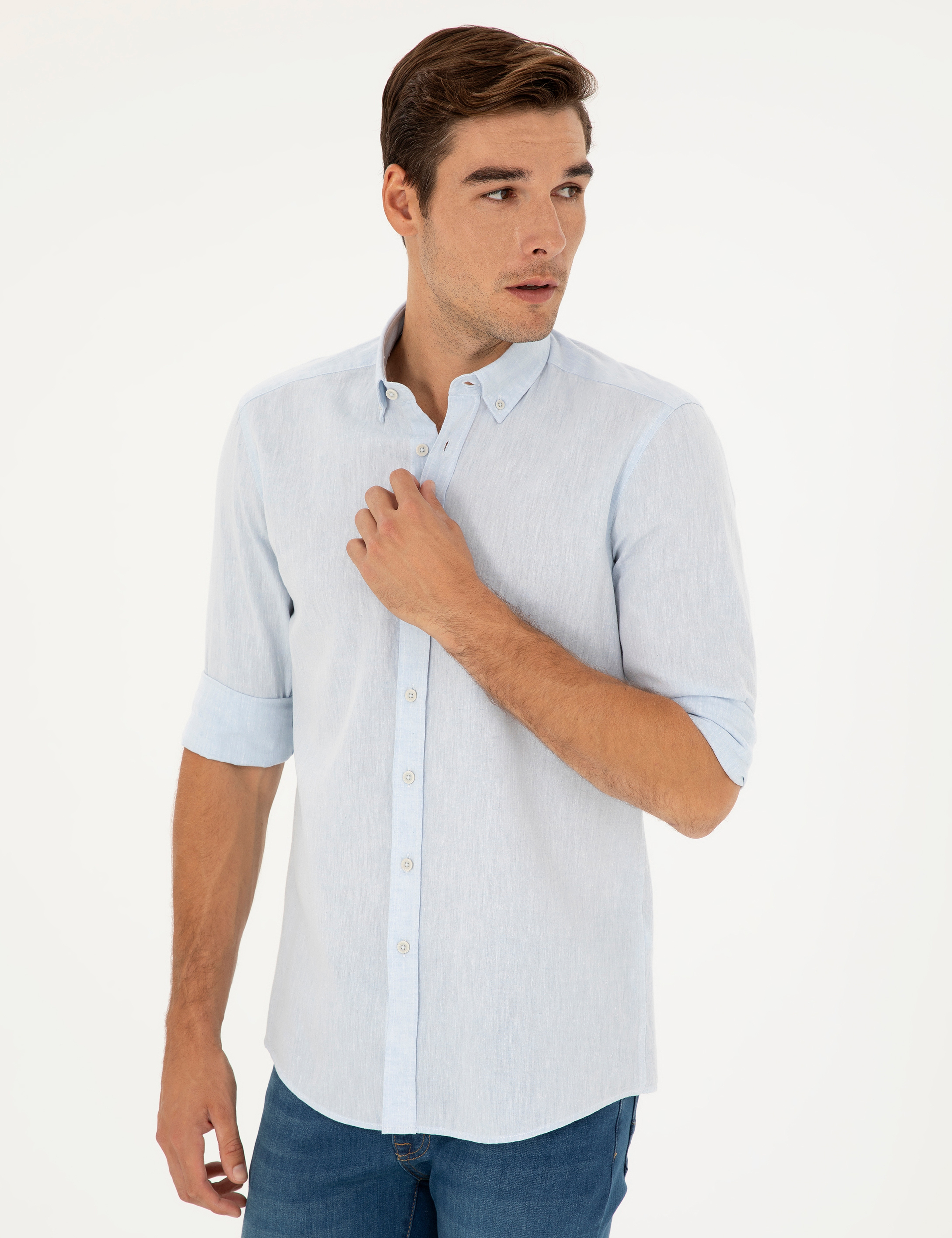 Açık Mavi Keten Karışımlı Regular Fit Uzun Kollu Gömlek - Image 3