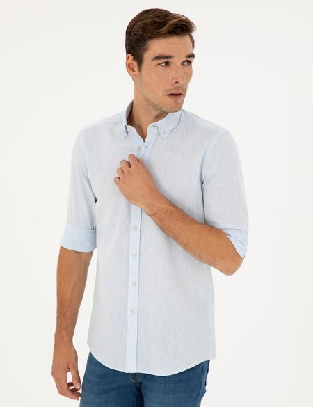 Açık Mavi Keten Karışımlı Regular Fit Uzun Kollu Gömlek - 50284168095