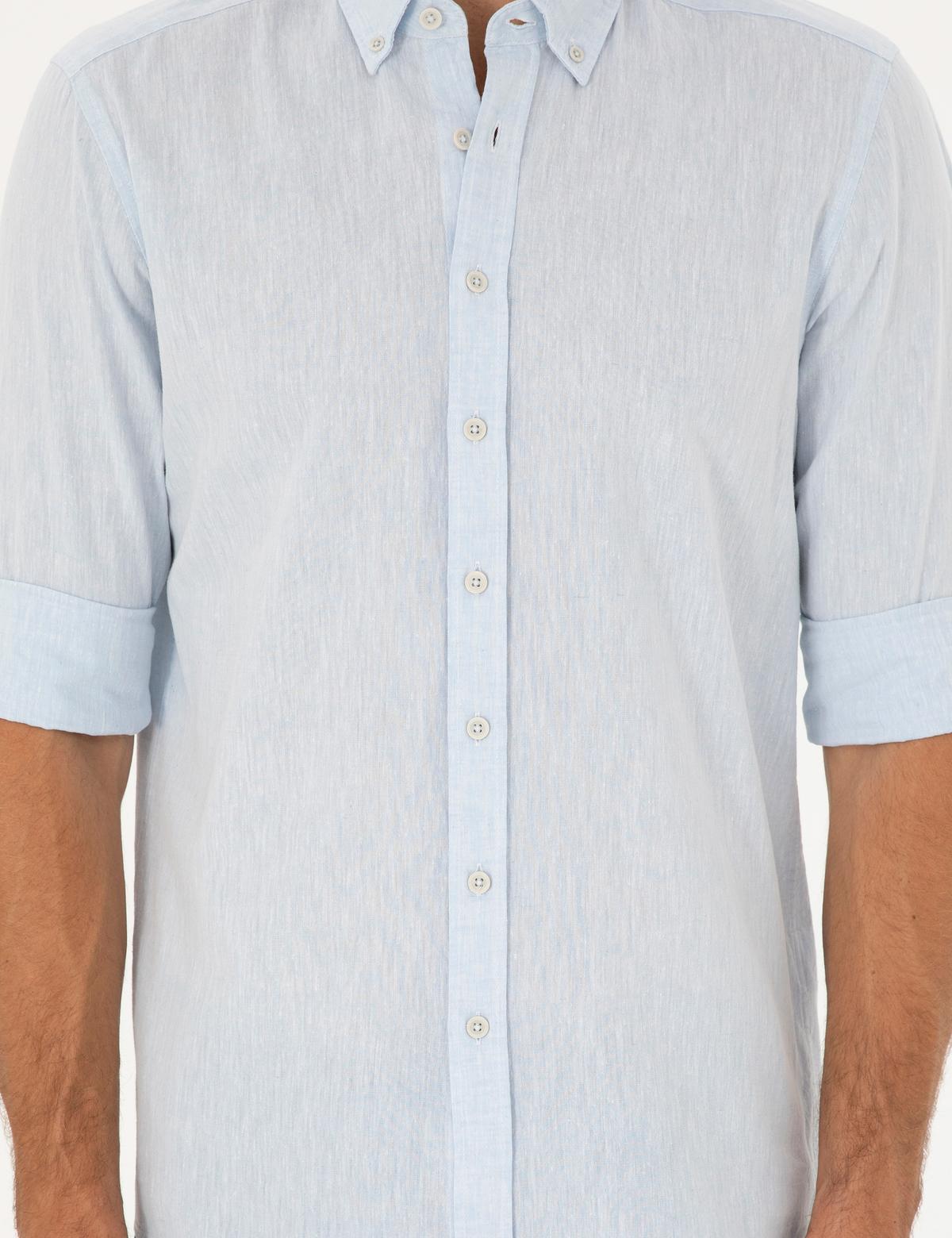 Açık Mavi Keten Karışımlı Regular Fit Uzun Kollu Gömlek - 50284168095