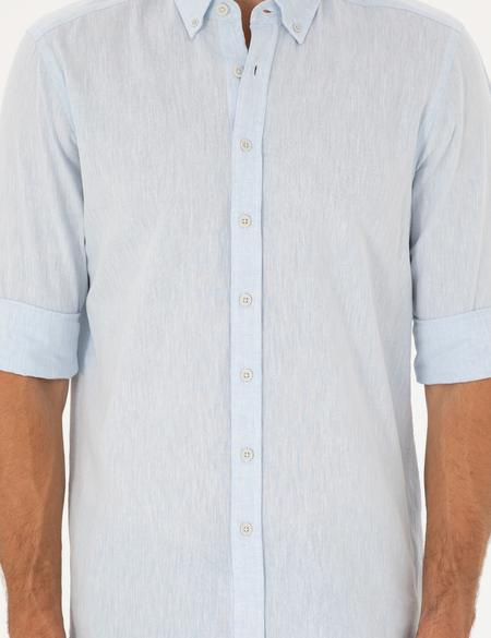 Açık Mavi Keten Karışımlı Regular Fit Uzun Kollu Gömlek - 50284168095