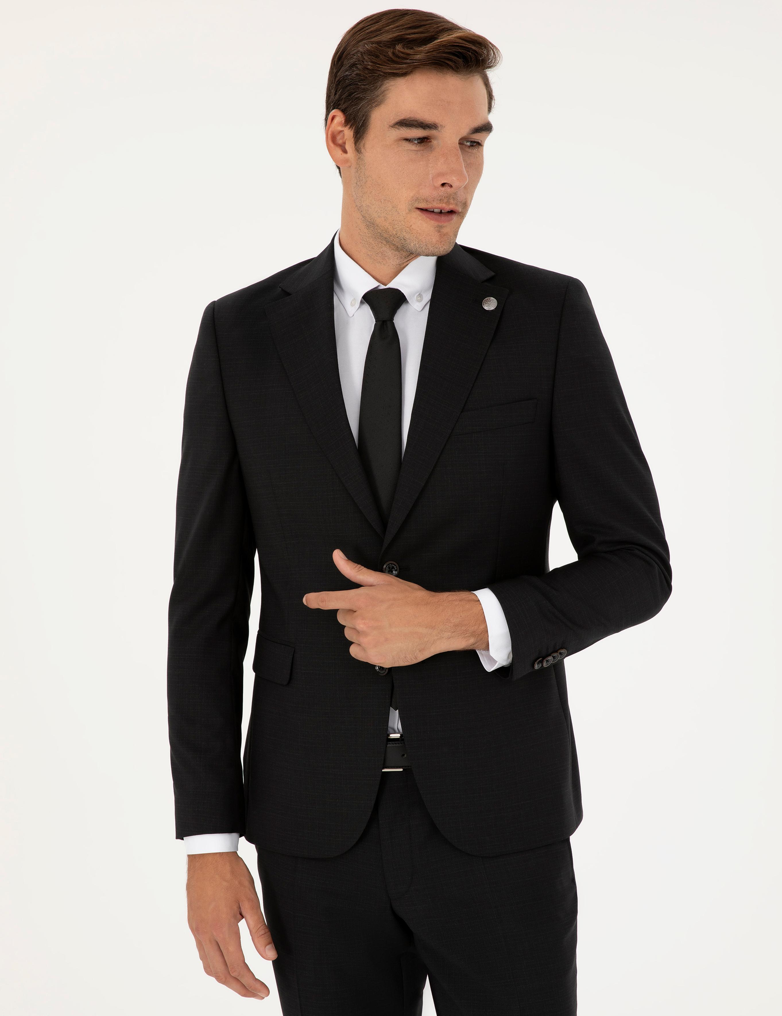 Siyah Slim Fit %100 Yün Takım Elbise