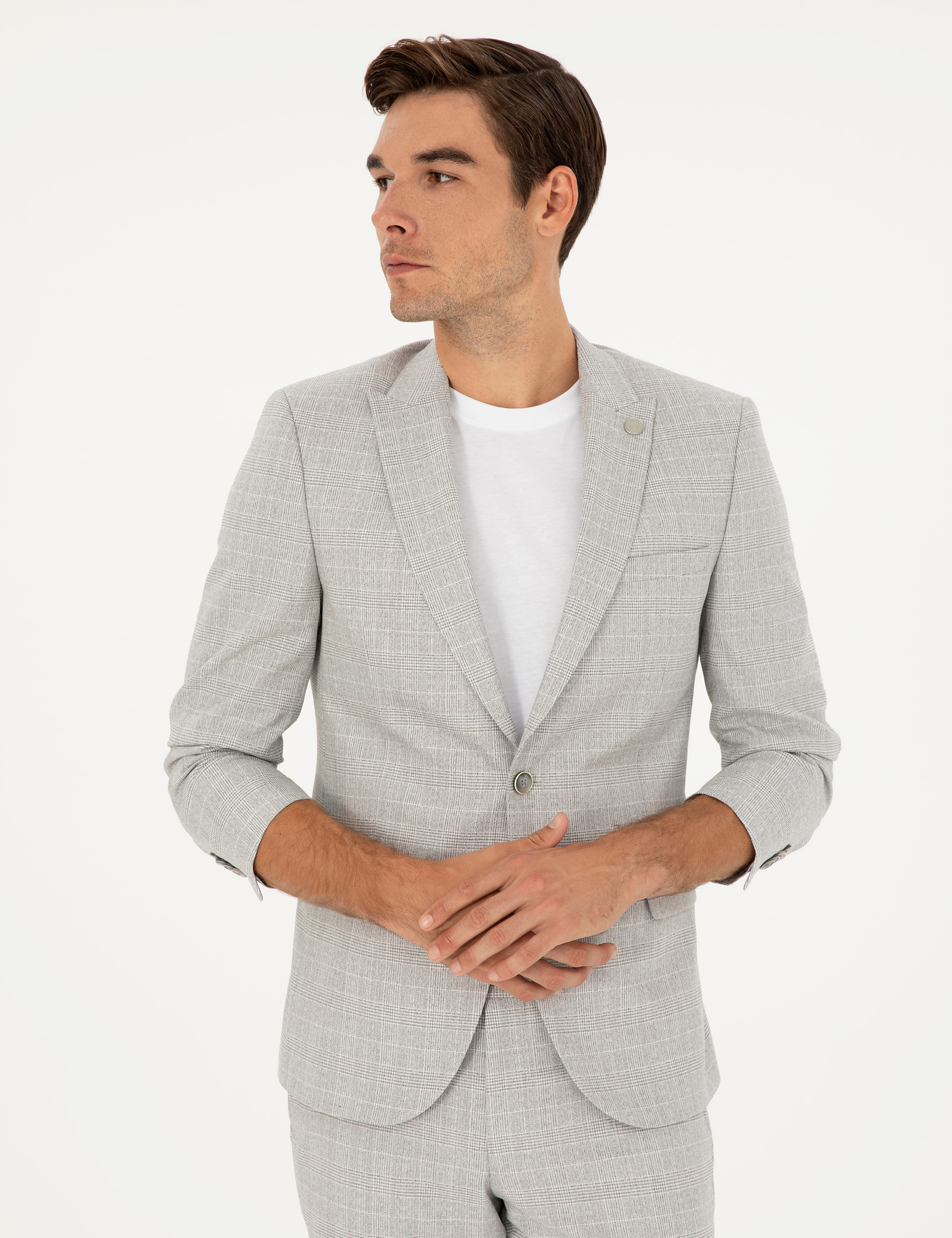 Gri Extra Slim Fit Ekose Takım Elbise - Image 4