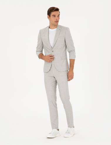 Gri Extra Slim Fit Ekose Takım Elbise